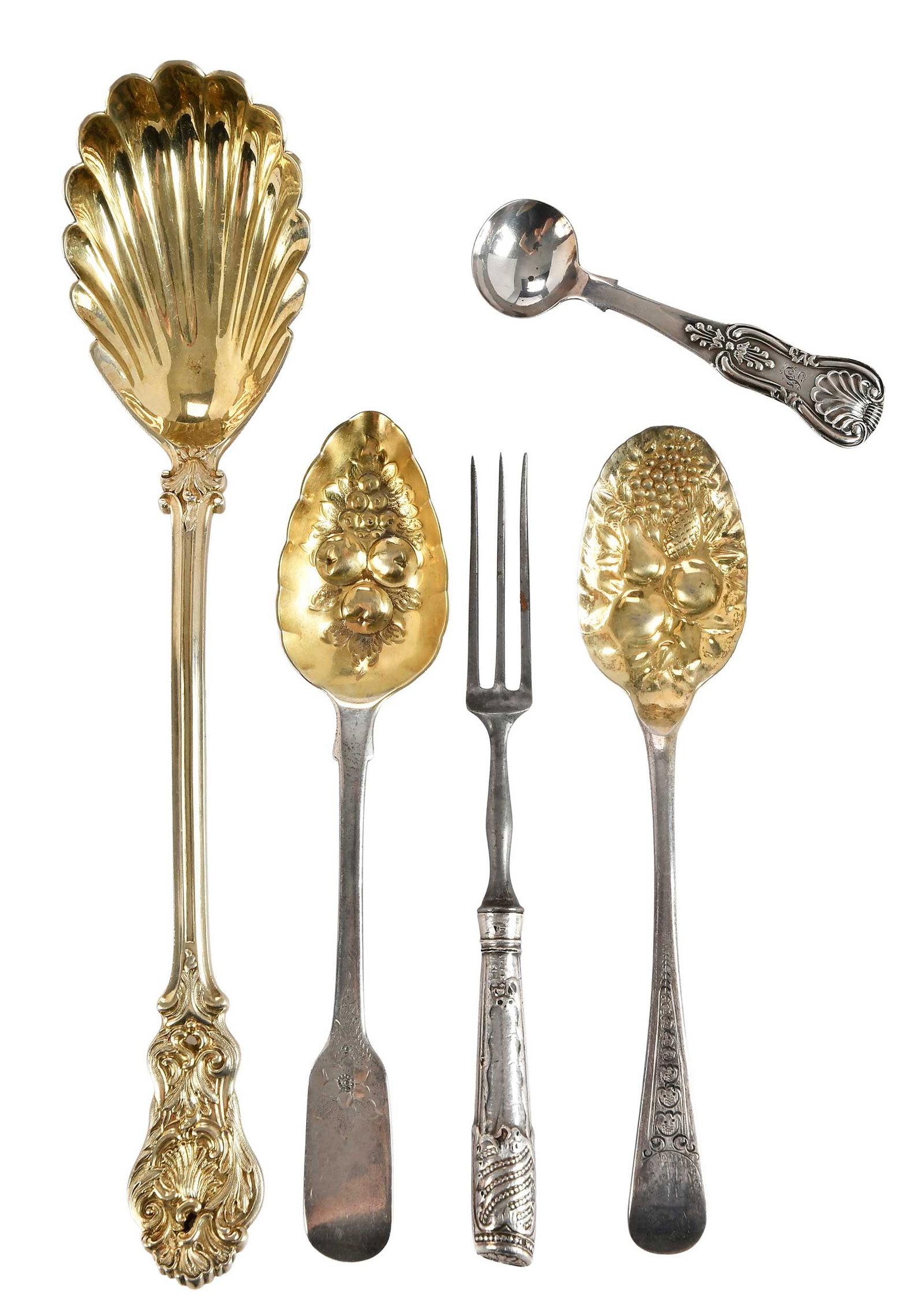 15 Pieces English Silver Flatware: most London, including pair of gilt serving spoons with shell bowls, marks for Chawner & Co., 1864, 10-1/4 in.; ten spoons with later Victorian decoration, 7 in.; two salt spoons; one hollow handle
