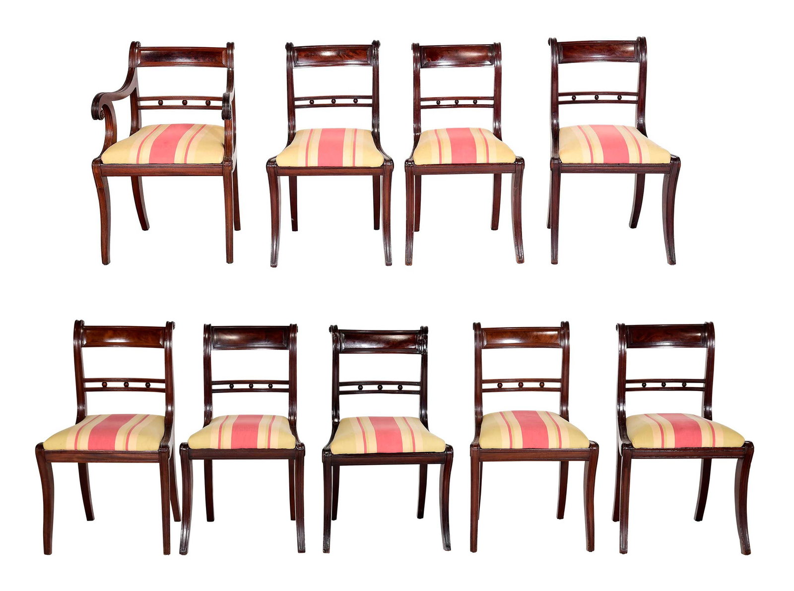 Set of Nine American Classical Carved and Figured Mahogany Klismos Chairs (1 of 18)