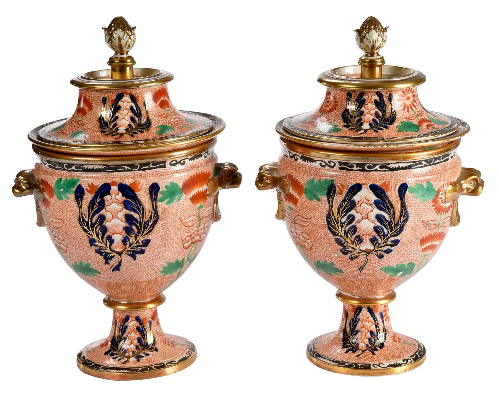 Pair of English Imari Porcelain Fruit Coolers: 19th century, each in three pieces, decorated with salmon colored shagreen motif ground, gilt dog fish mask handles, 15 x 8-1/4 x 9-1/4 in. Provenance: The Collection of Joe Matthews and John Shank,