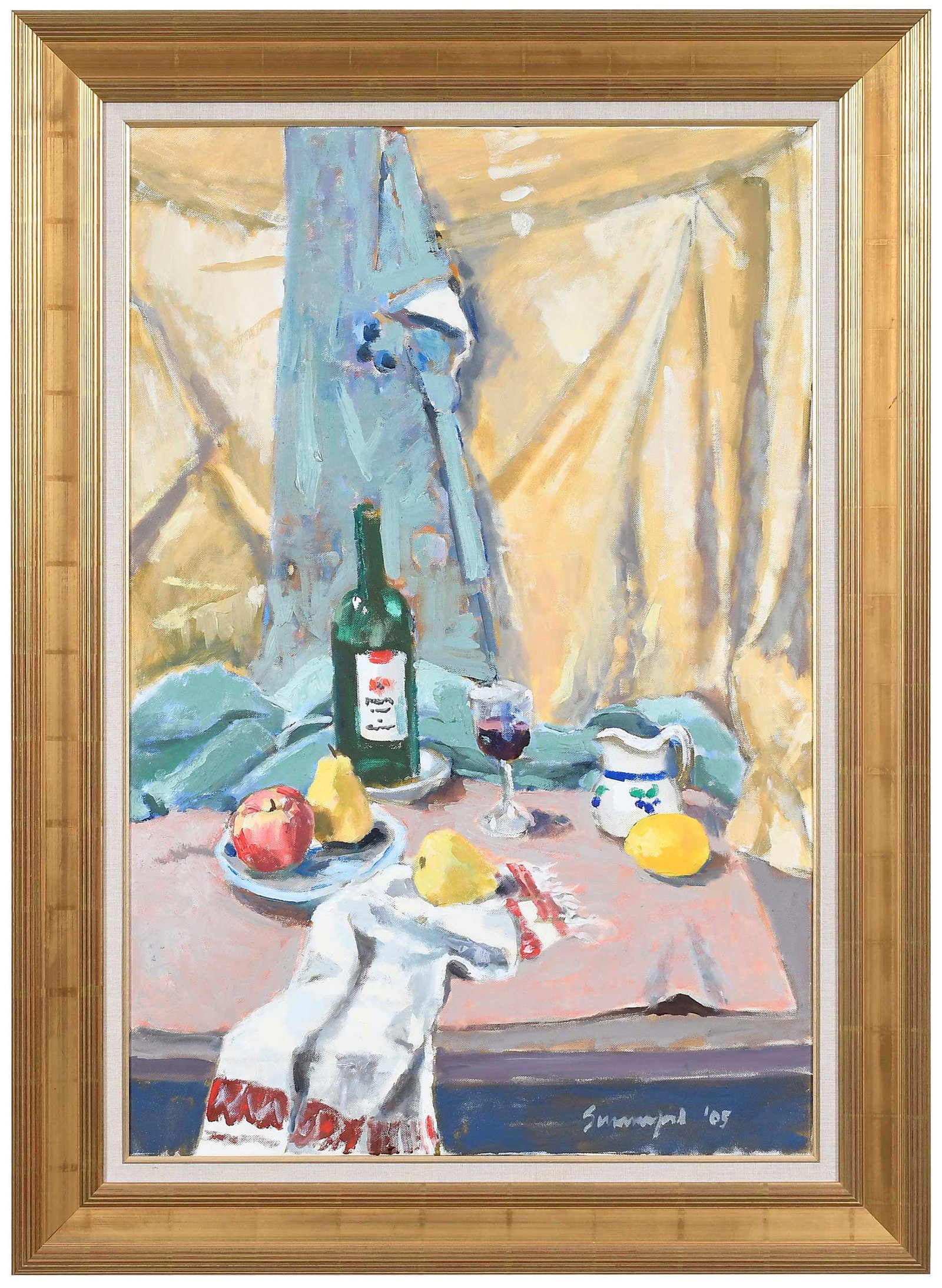 Ben Long Summerford: (American/Washington D.C., 1924-2015) Still Life with Wine and Fruit, 2005, signed and dated lower right "Summerford '05", oil on canvas, 35-7/8 x 24-1/4 in.; gilt wood frame, 43-3/4 x 31-3/4 x 1-5/8