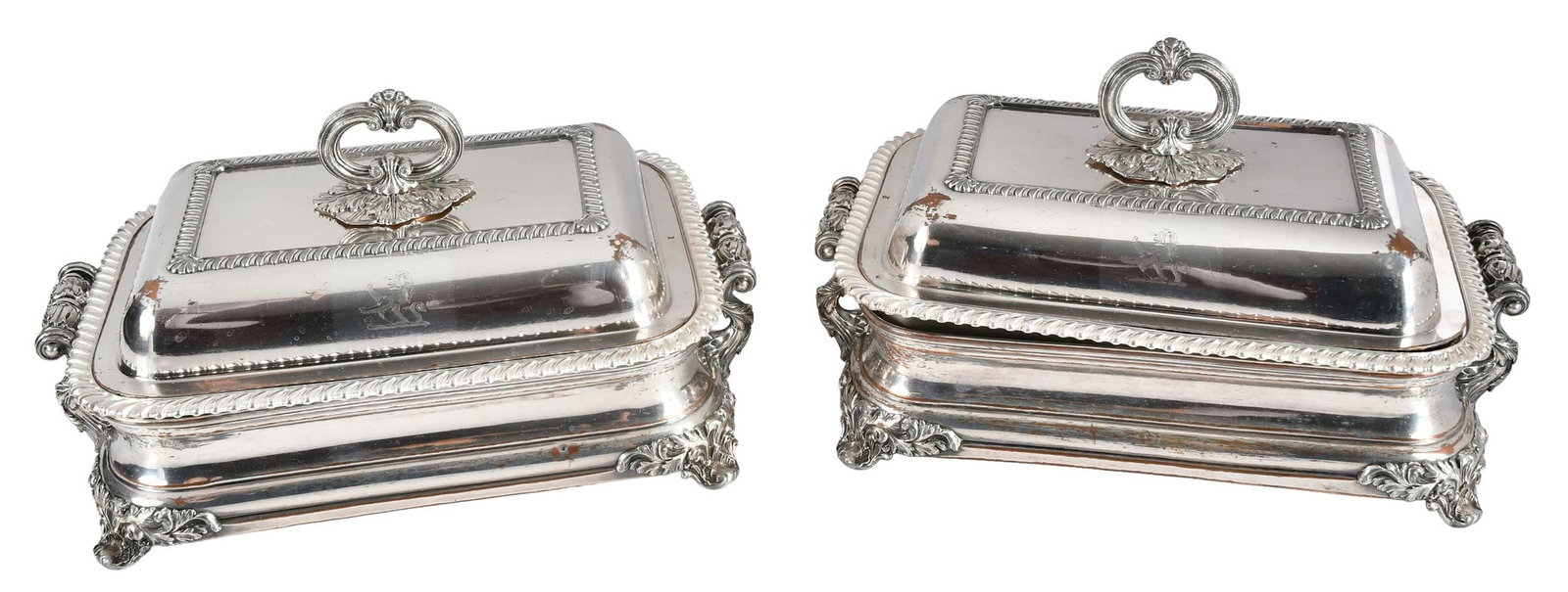 Pair of Old Sheffield Plate Entrees: English, late 18th/early 19th century, rectangular forms, scroll and shell decoration, gadroon borders, let in shields, lion crest, unmarked, 7 x 13-1/2 x 9 in. Provenance: The Collection of Joe Matth