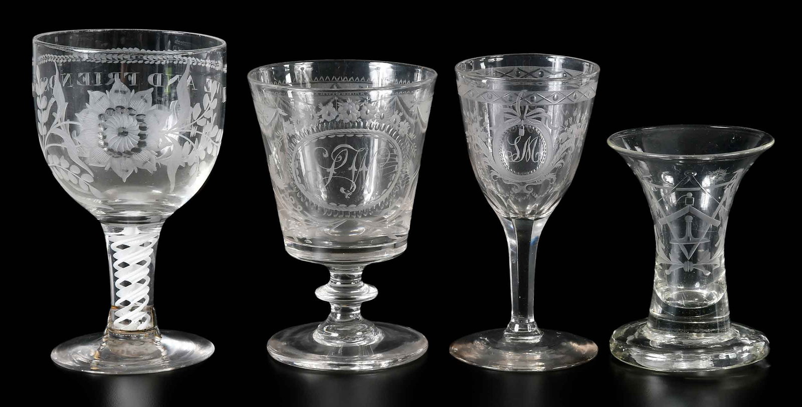 Four Etched Glass Drinking Articles, Including Masonic Interest: American or British, comprising 19th century flared and footed beaker with masonic imagery, 4-1/8 x 3 x 3 in.; possibly 18th century white opaque twist wine glass etched with "LOVE AND FRIENDSHIP" abo