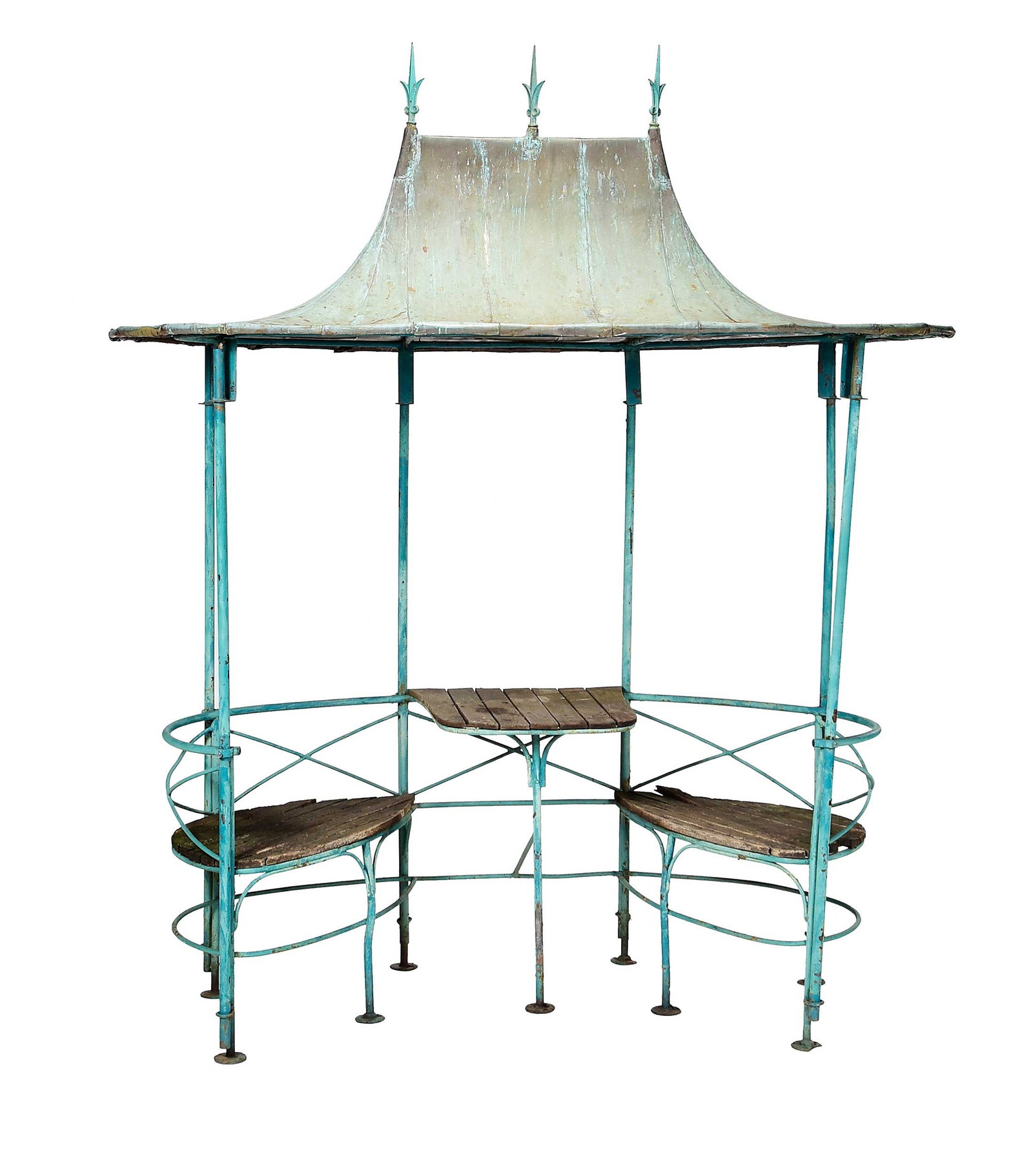 Rare Art Nouveau Gazebo: early 20th century, French or American, unmarked, with copper roof, iron supports, two attached plank seats and a central table, 81 x 90 x 40 in. Provenance: The Collection of Joe Matthews and John Sh