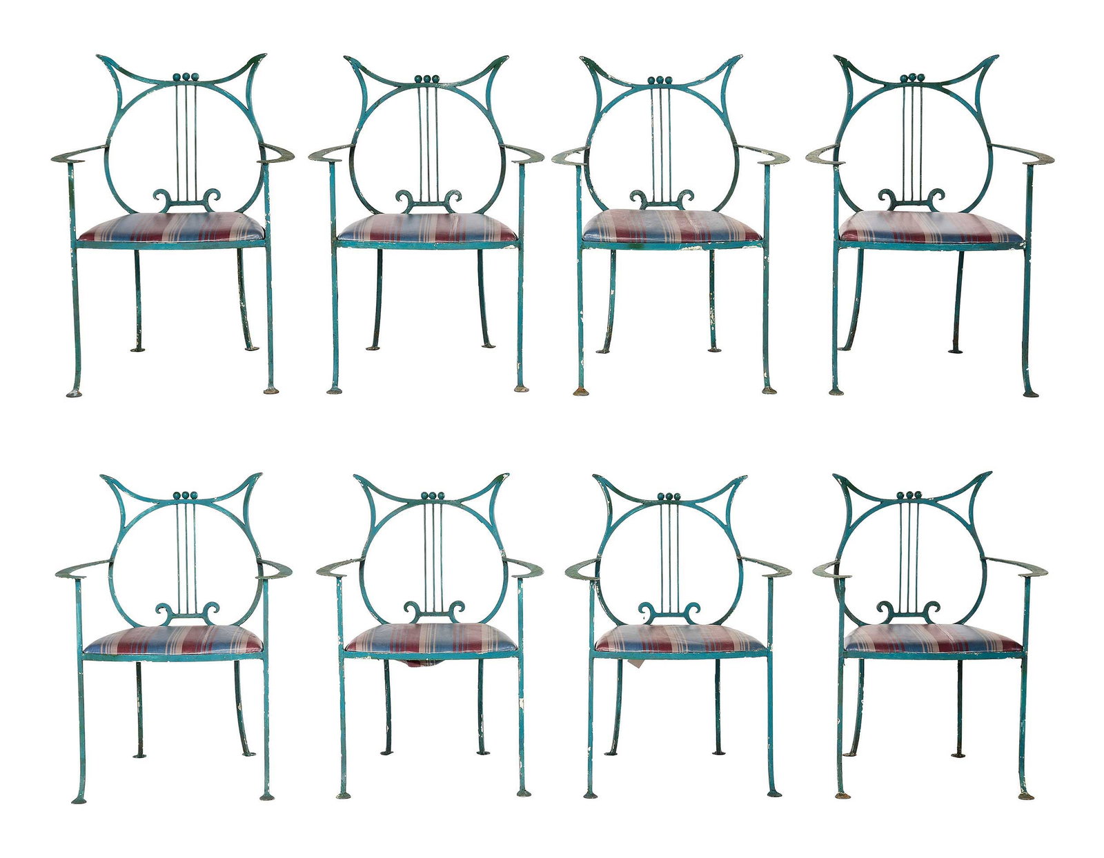 Eight Unusual Lyre Back Wrought Iron Garden Armchairs (1 of 16)