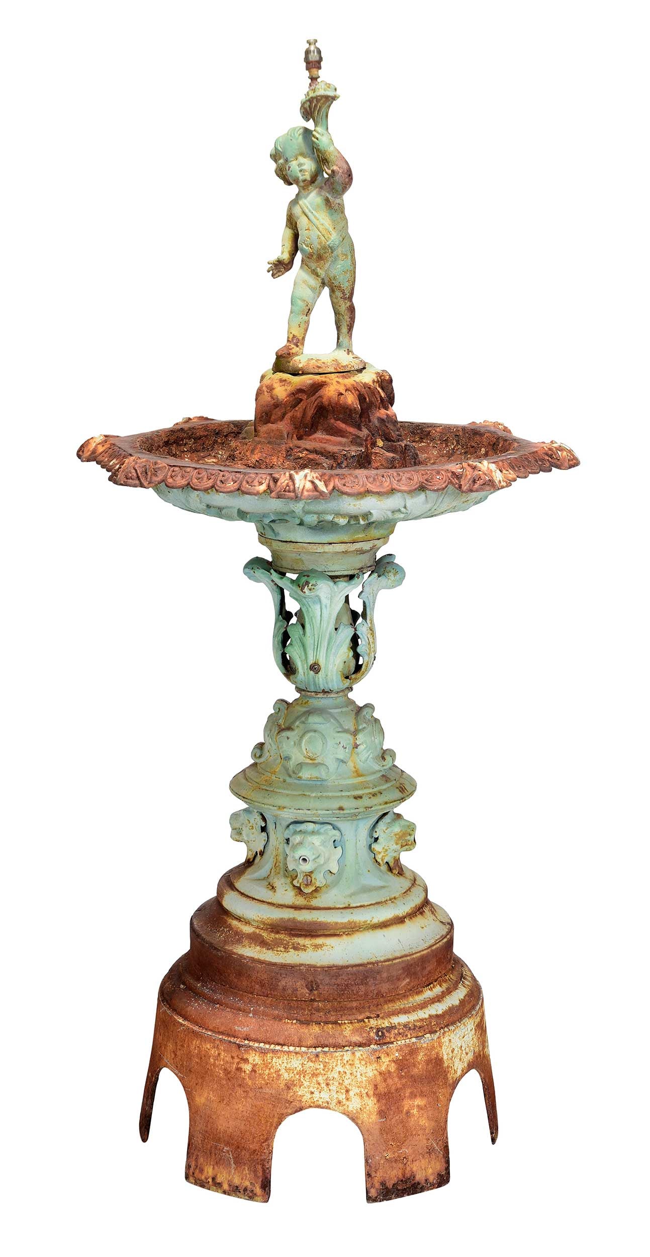 Large J.W. Fiske Cast Iron Garden Fountain: American, 19th century, labeled "J.W. Fiske New York", the four graduating levels supporting a large basin surmounted by spouting putti, middle tier with four attached spouting lions heads, 66-3/4 x