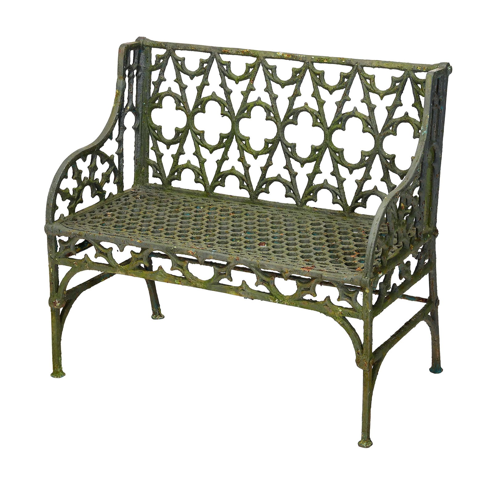 Gothic Style Cast Iron Garden Settee: French or American, late 19th century, unmarked, straight backed settee, skirt front, 35 x 39 x 16-1/2 in. Provenance: The Collection of Joe Matthews and John Shank, Shepherdstown, West Virginia