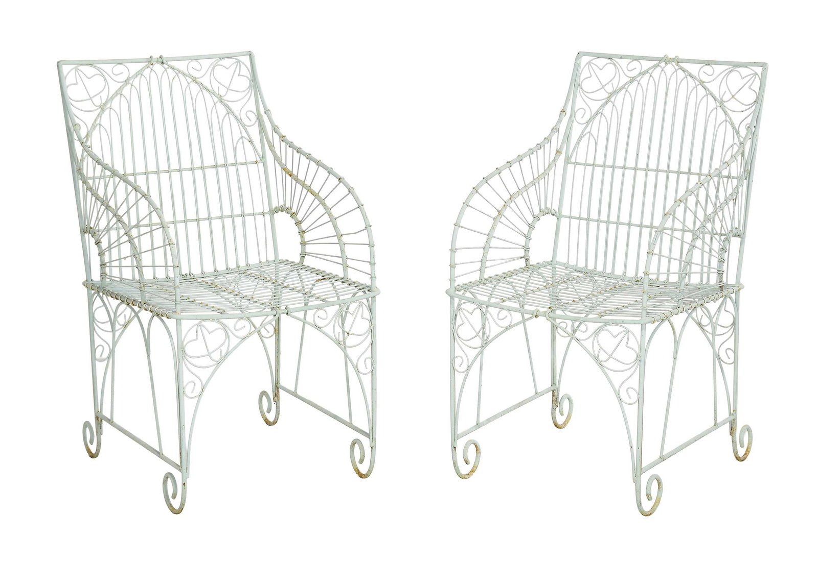 Pair of Gothic Style Iron and Wire Garden Armchairs: 21st century, the backs with gothic arches, scrolled feet, white paint, rear seat rails with partially legible tag marked "SP(?) / collection / 2004", 36-1/4 x 20 x 26 in., seat heights 17-1/2 in.