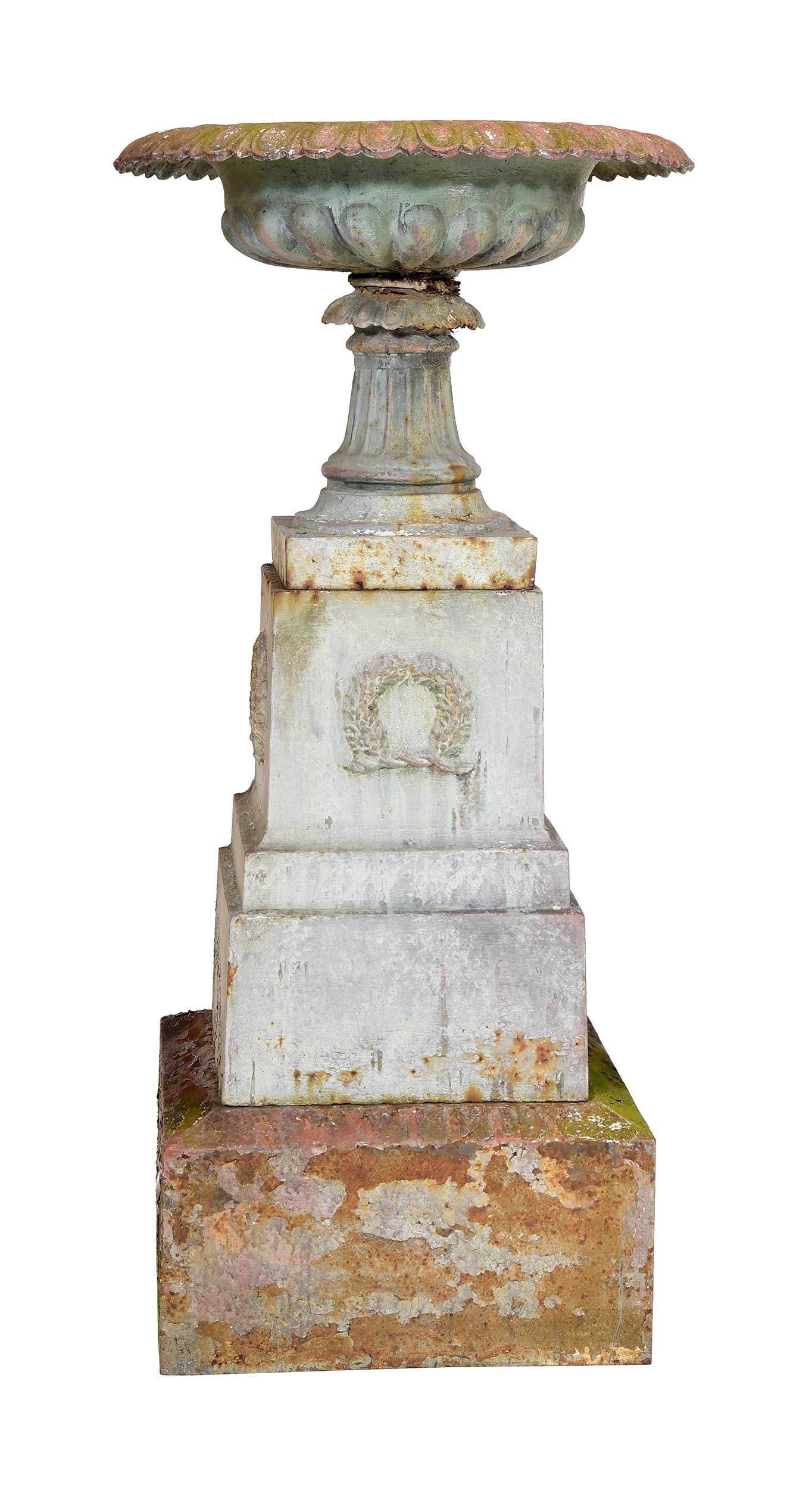 Large Tazza Form Cast Iron Planter: possibly American, late 19th century, stamped on base, the tazza form set on two stepped plinths, the first plinth with laurel wreath decoration, drainage hole in planter base, 48-1/2 x 24 x 24 in.