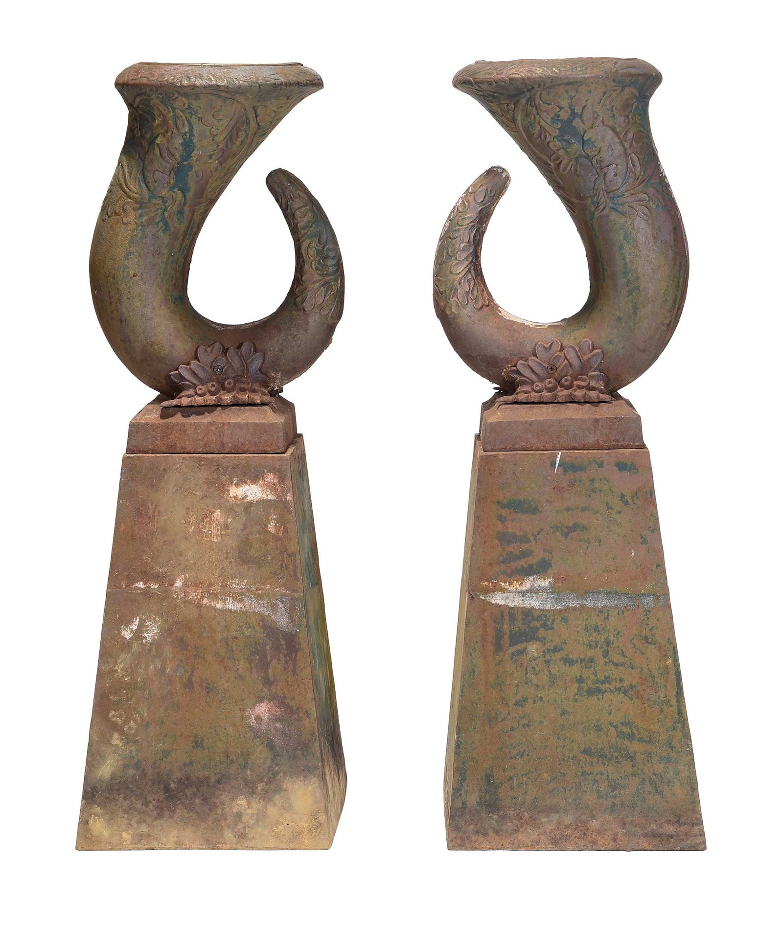 Pair of Cast Iron Cornucopia Form Garden Urns: likely French, 19th century, the cornucopia supported by attached floral supports on integral base, set atop a matching cast iron plinth, unmarked, 36 x 12 x 10 in. Provenance: The Collection of Joe