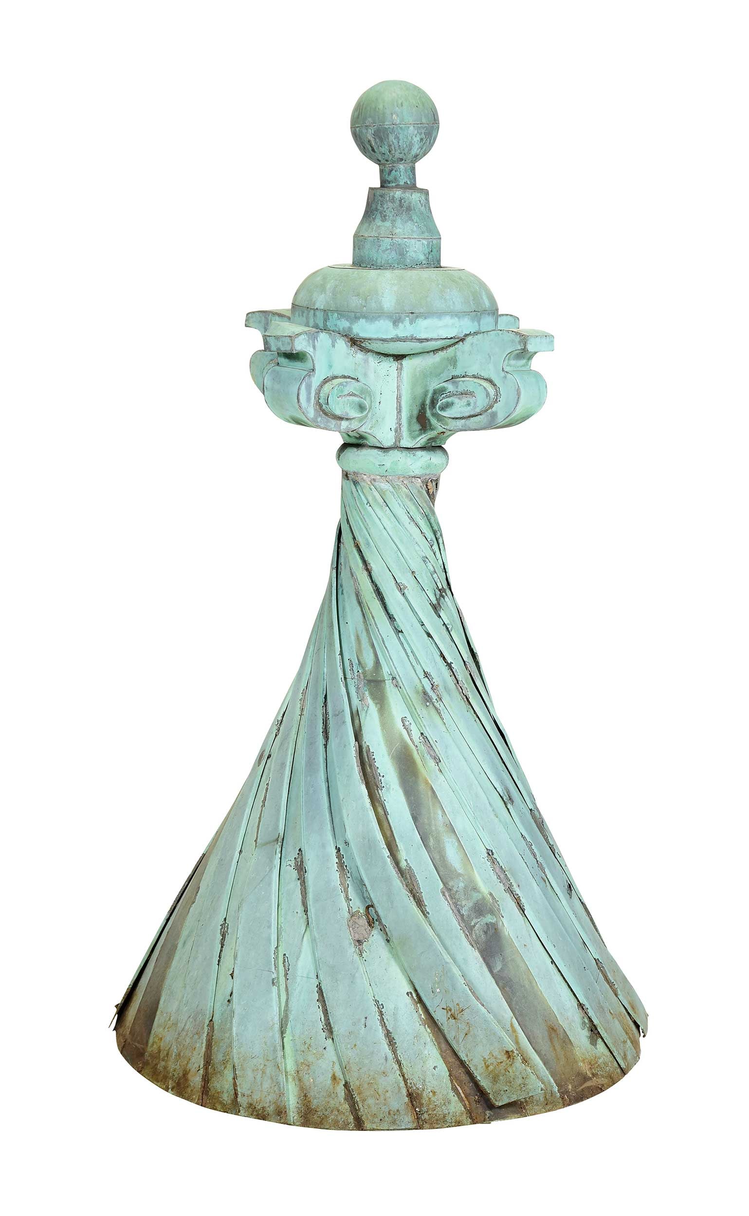 Monumental Decorative Copper Roof Finial: late 19th/early 20th century, the copper cone covered with spiraling copper sheets, topped overall with ball top on scrolled supports, 44-3/4 x 26 x 26 in. Provenance: The Collection of Joe Matthews