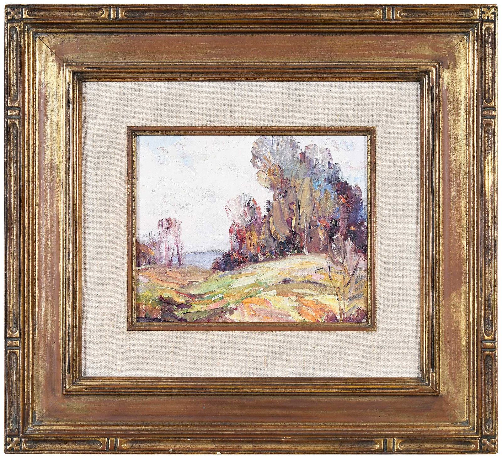 Nell Walker Warner: (American, 1891-1970) Trees on a Hill, signed faintly lower right "Nell Walker Warner," oil on canvas, 6-1/2 x 7-7/8 in.; gilt wood frame, 14 x 15-3/8 x 1 in. Provenance: The Collection of Joe Matthew