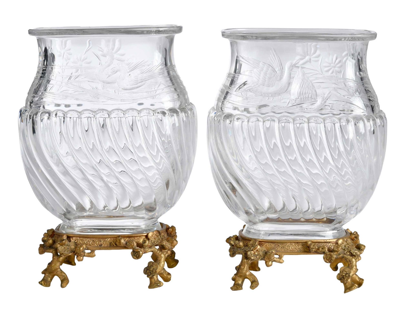 Pair of Baccarat Gilt Bronze Mounted Crystal Vases: French, late 19th century, unmarked, 8-7/8 x 6 x 3-3/4 in. Provenance: The Collection of Joe Matthews and John Shank, Shepherdstown, West Virginia