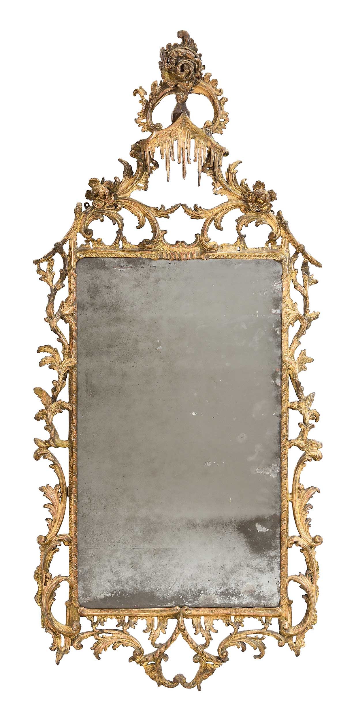 Labeled George III Chinese Chippendale Carved and Gilt Mirror: label to reverse reads "City Depository, Gloucester. / No. ? Mr. ? / Henry Mousell, Proprietor", British, circa 1760-1780, probably original mirror plate (not removed), floral and foliate carved and
