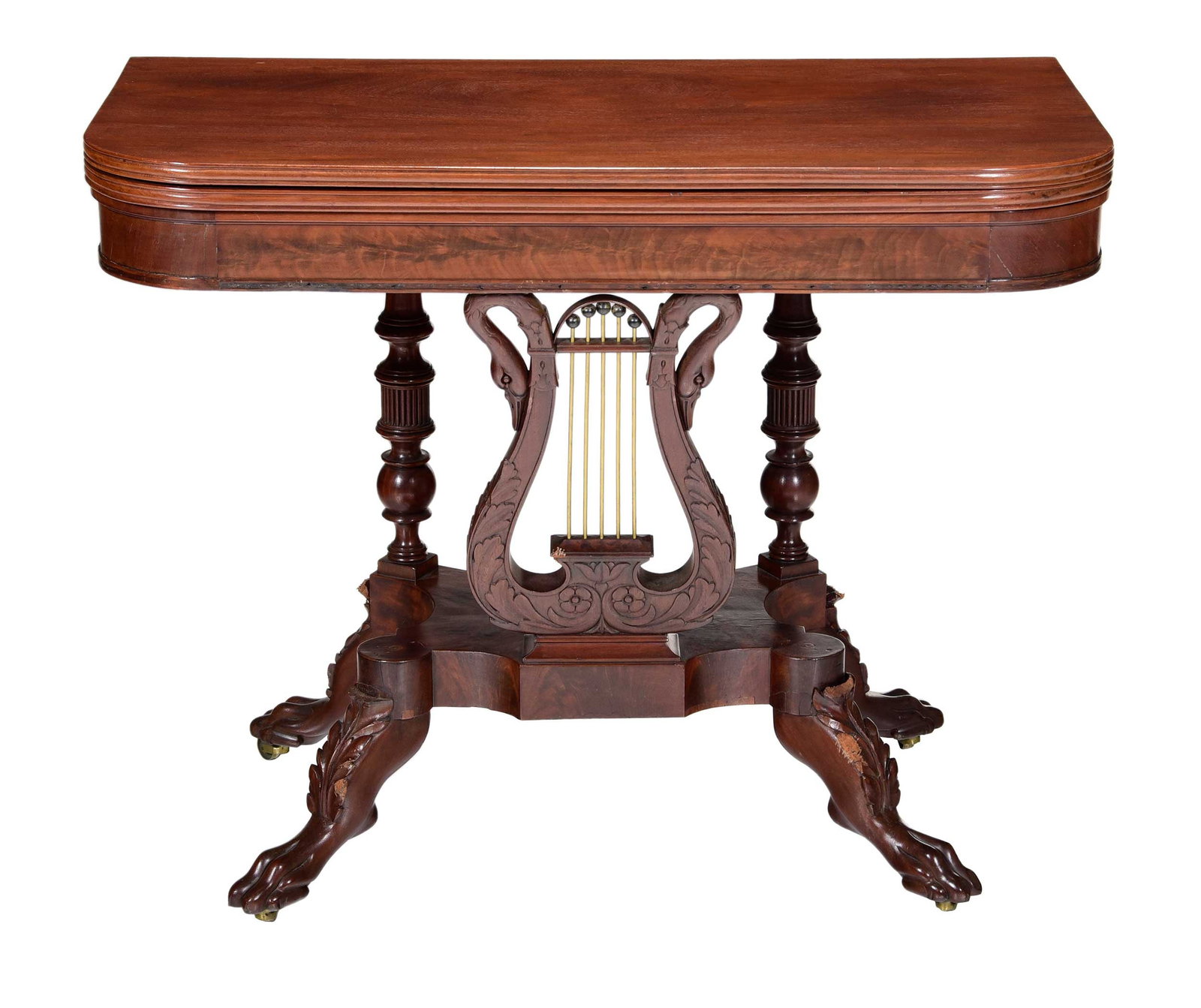 Phyfe Attributed American Classical Mahogany Card Table with Charleston History: retaining early label for "C.A. MORGENSTERN ANTIQUE FURNITURE / CHARLESTON, S.C." (see photos), Attributed to Duncan Phyfe, New York, circa 1820, flip top with reeded edge, interior with