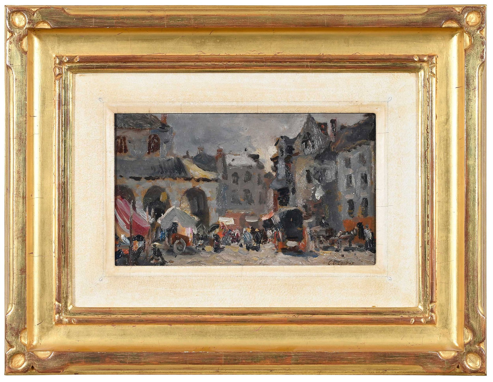 Colin Campbell Cooper: (American, 1856-1937) Market Day, France, signed lower right "C.C. Cooper," signed and illegibly inscribed verso, oil on board, 6-3/4 x 11-3/8 in.; fine gilt wood frame stamped signature "CK", 15-1/2 