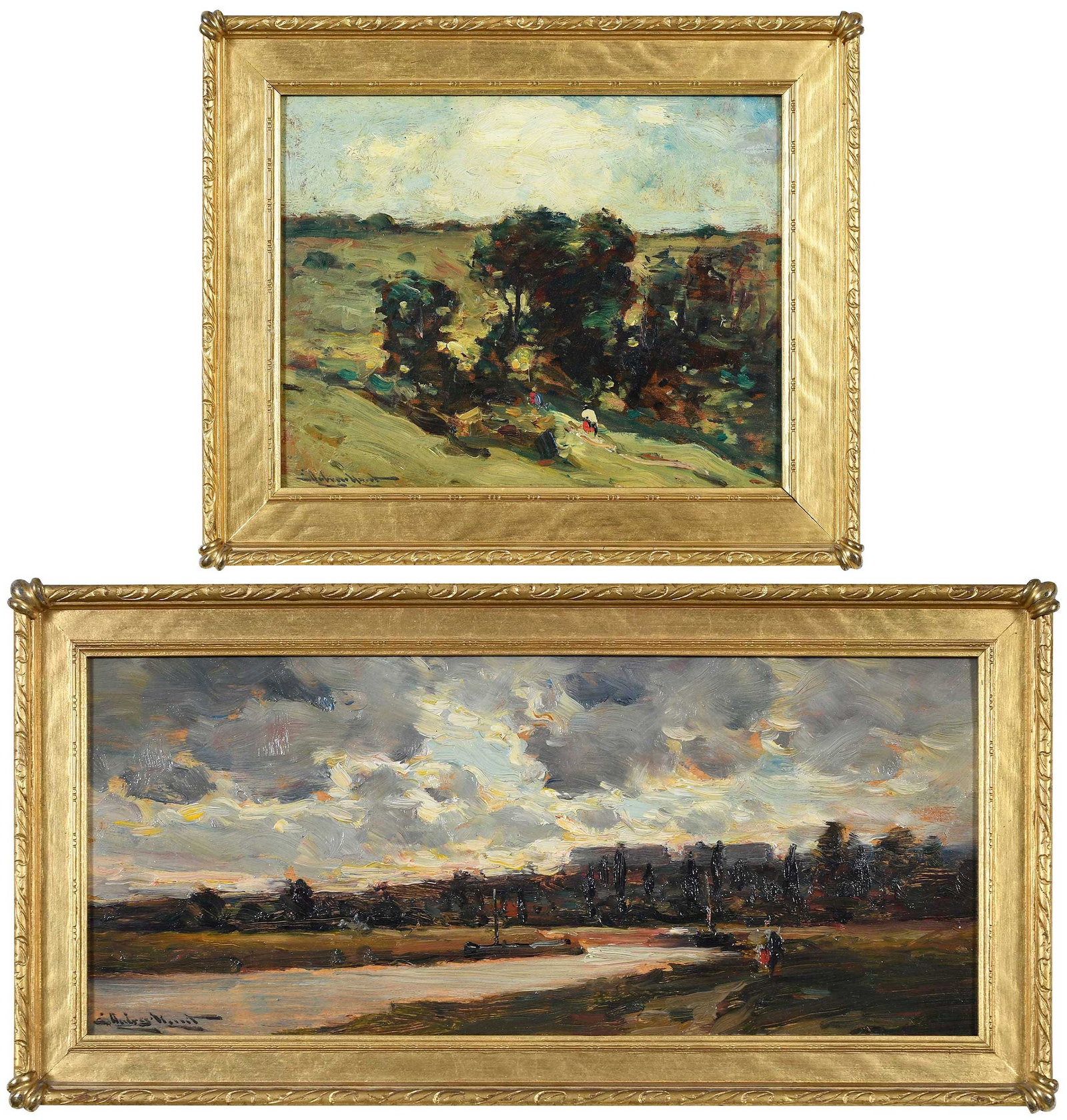 Two Edmund Aubrey HuntÂ Paintings: (American/England, 1885-1922) Trees on a Hillside, 1916, signed lower left "E Aubrey Hunt," inscribed and dated verso, oil on panel, 8 x 10-1/4 in.; River scene, signed lower left "E Aubrey Hunt," oil