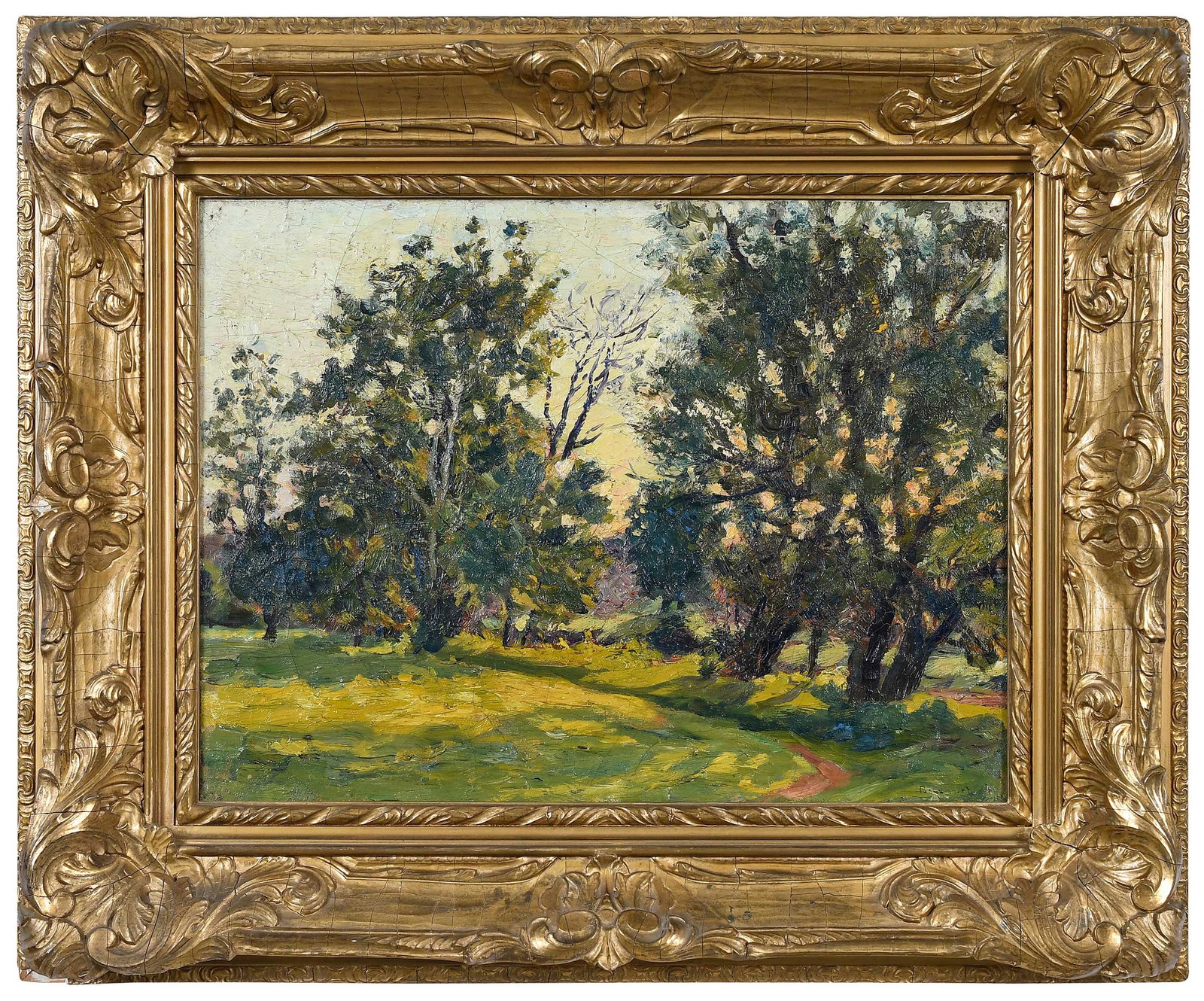 Ernst Bosshart: (Swiss, 1879-1951) Landscape with Sunlight Through Trees, signed faintly lower right, "Bosshart," oil on canvas, 15 x 20 in.; original gilt wood and composition frame, 23-3/4 x 28-3/4 x 3-1/4 in. Prov