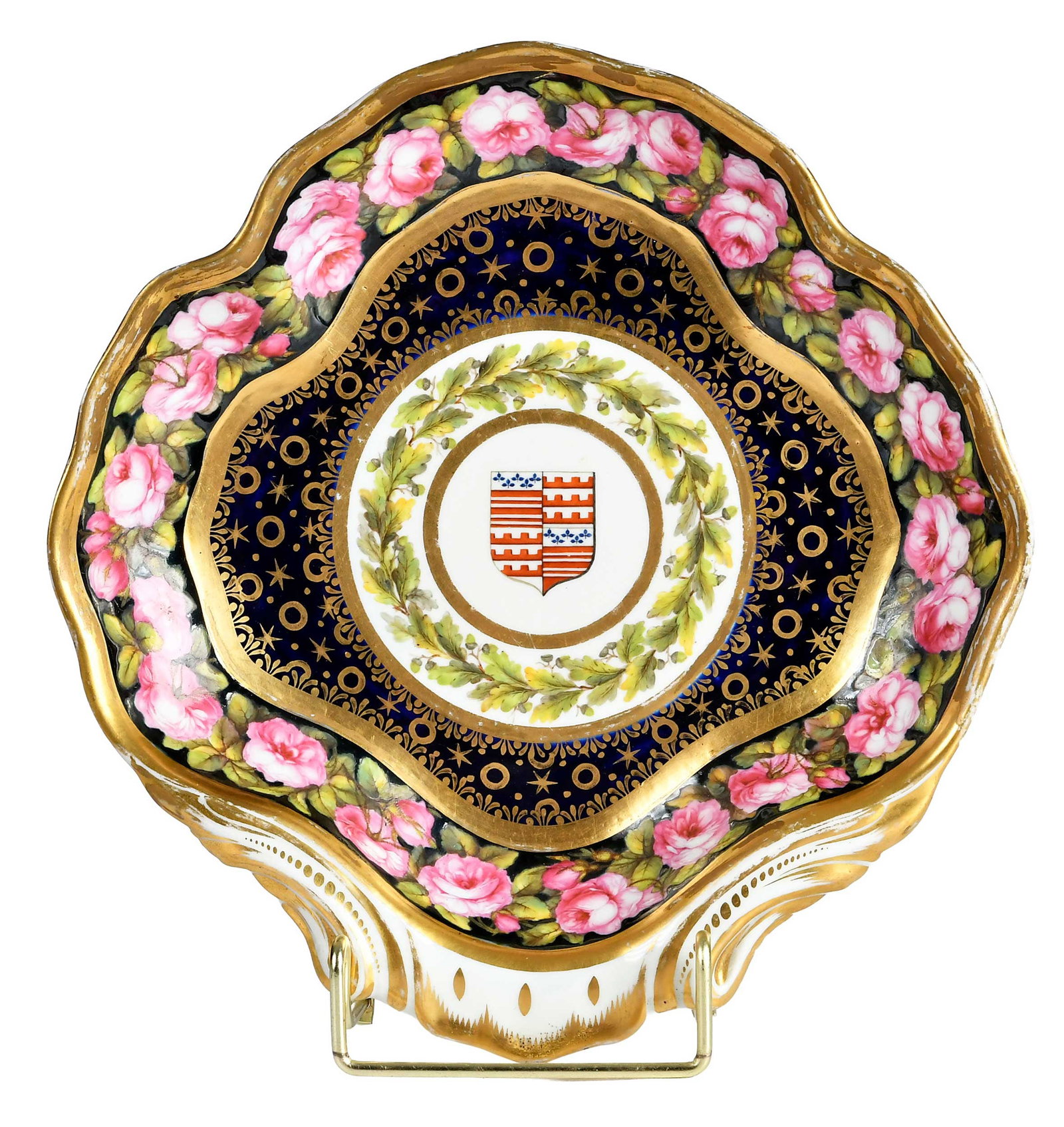 Derby Porcelain Shrimp Plate from the Derby Pendock Barry Service: English, circa 1805, underglaze iron red Derby mark to underside of base, centering coat of arms of Pendock Barry, 1-5/8 x 8-7/8 x 9-1/4 in. Provenance: The Collection of Joe Matthews and John Shank, 