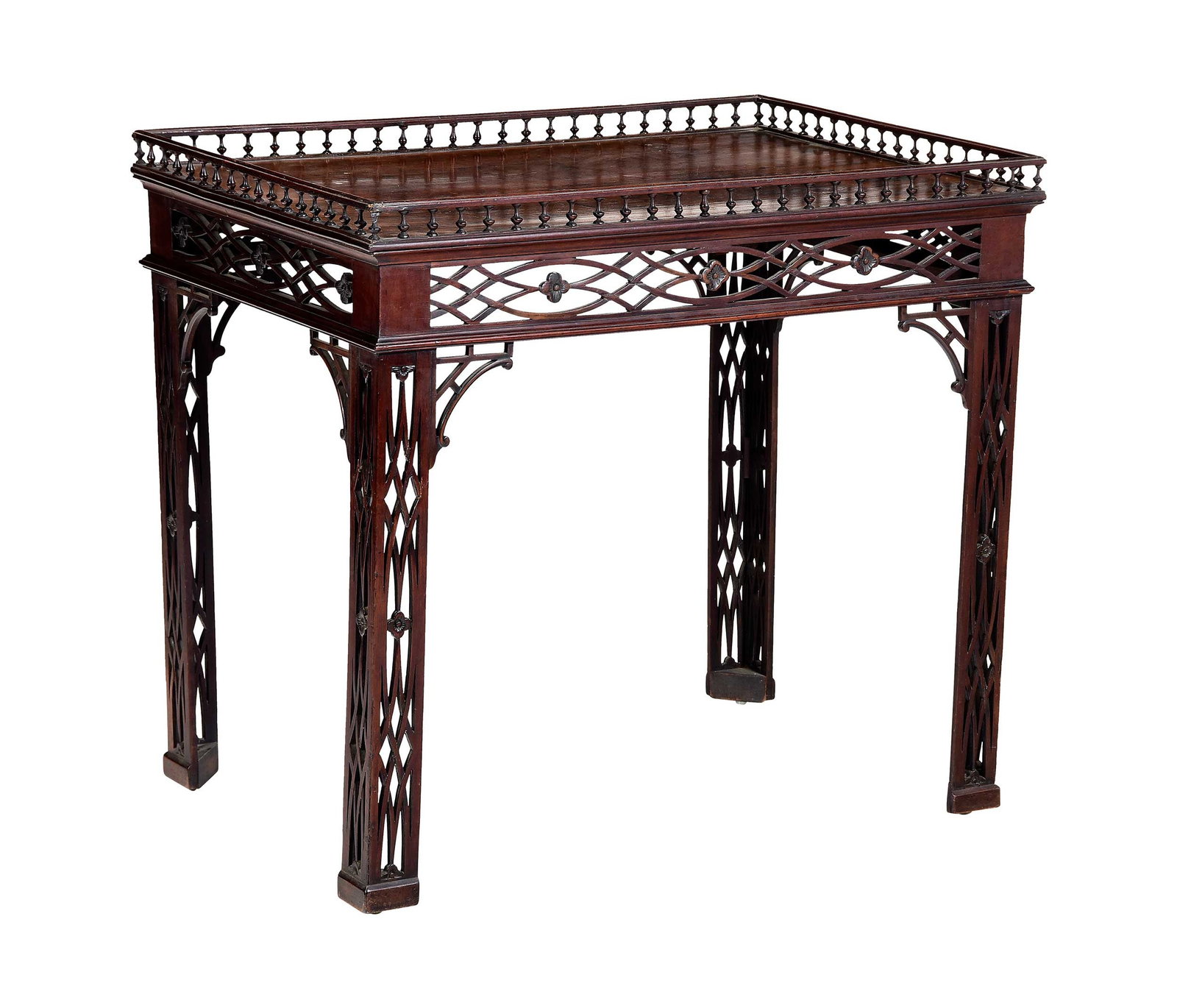 Chinese Chippendale Carved and Pierced Mahogany Galleried Tea Table (1 of 8)