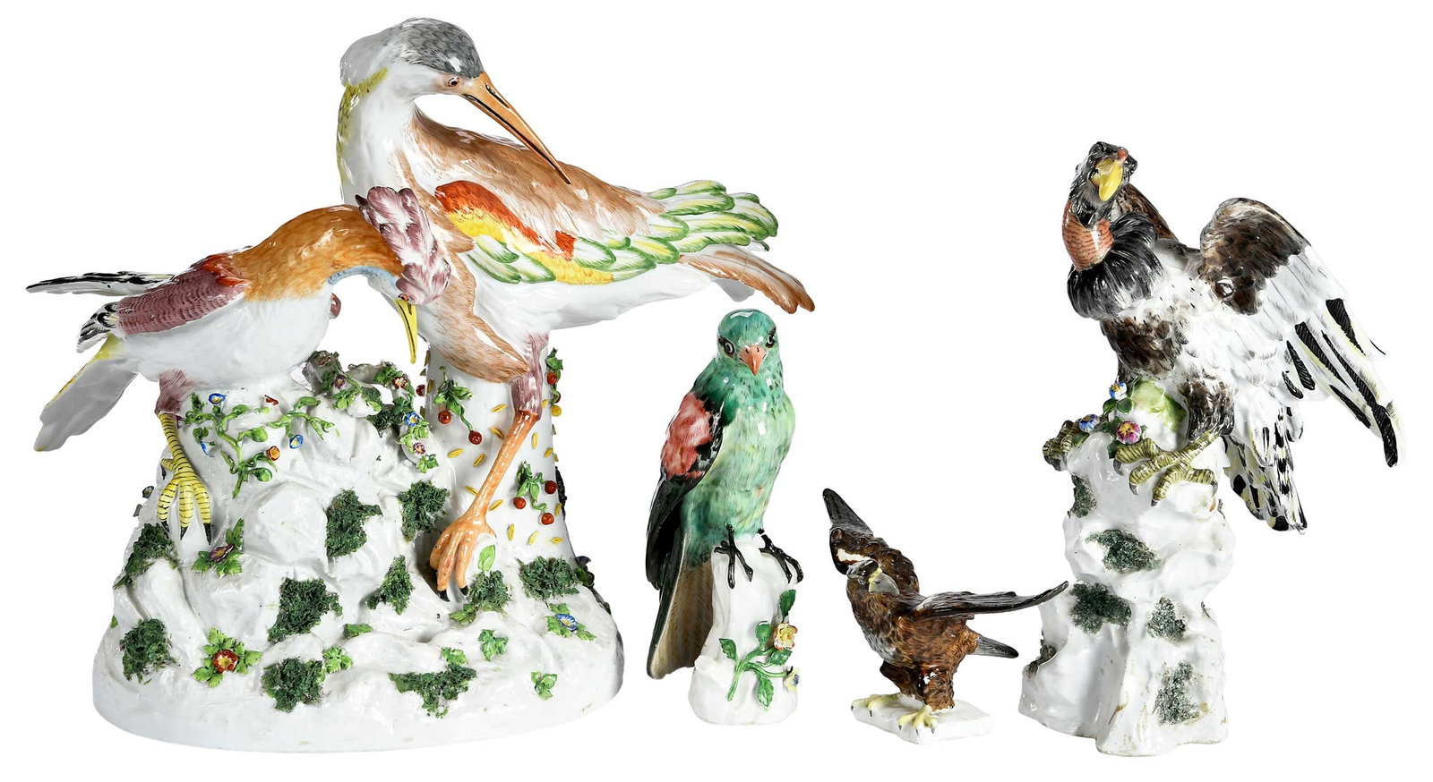 Four Meissen Style Porcelain Bird Figural Table Objects: probably German, 19th century, each with various blue underglaze marks to bases, comprising: monumental group of two birds; large vulture; green parrot; small eagle; largest 13-7/8 x 15 x 8-5/8 in. Pr