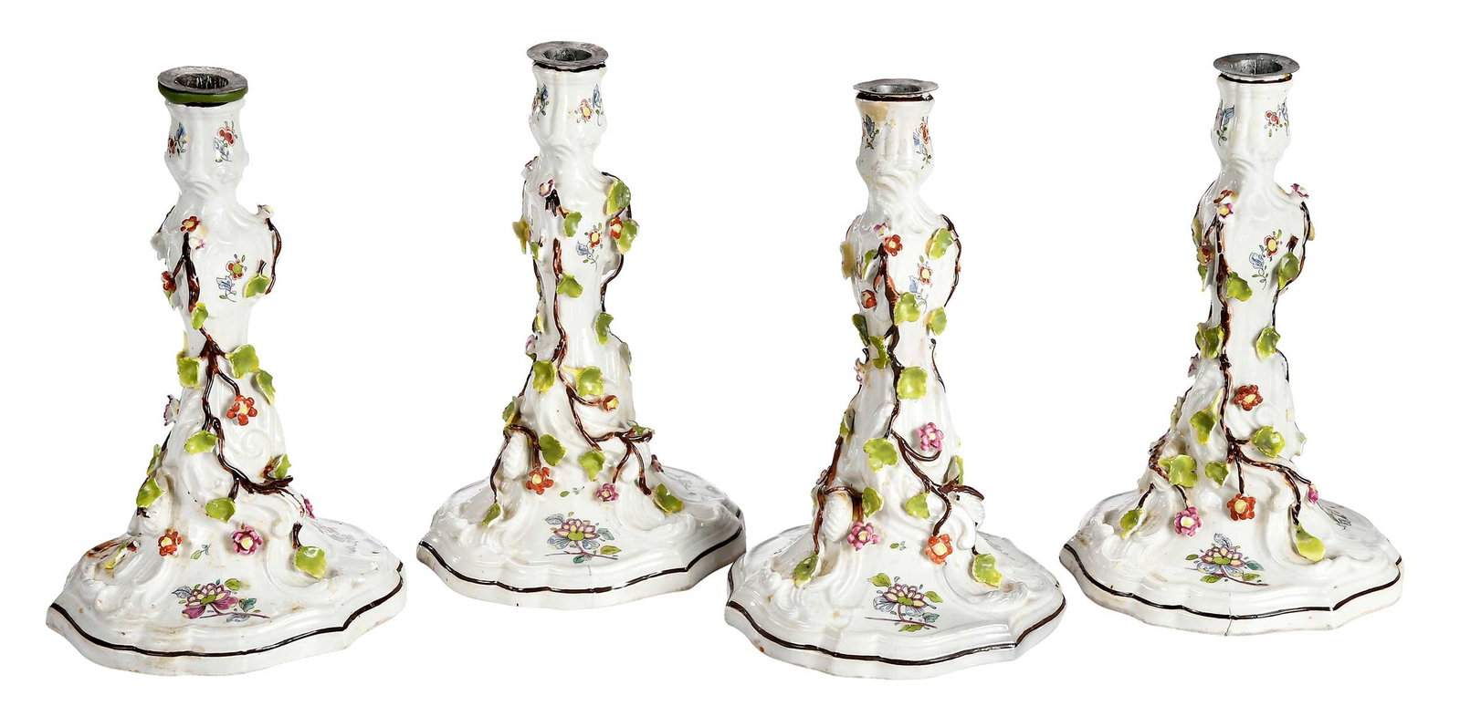 Four Rococo Meissen Style Porcelain Candlesticks (1 of 9)