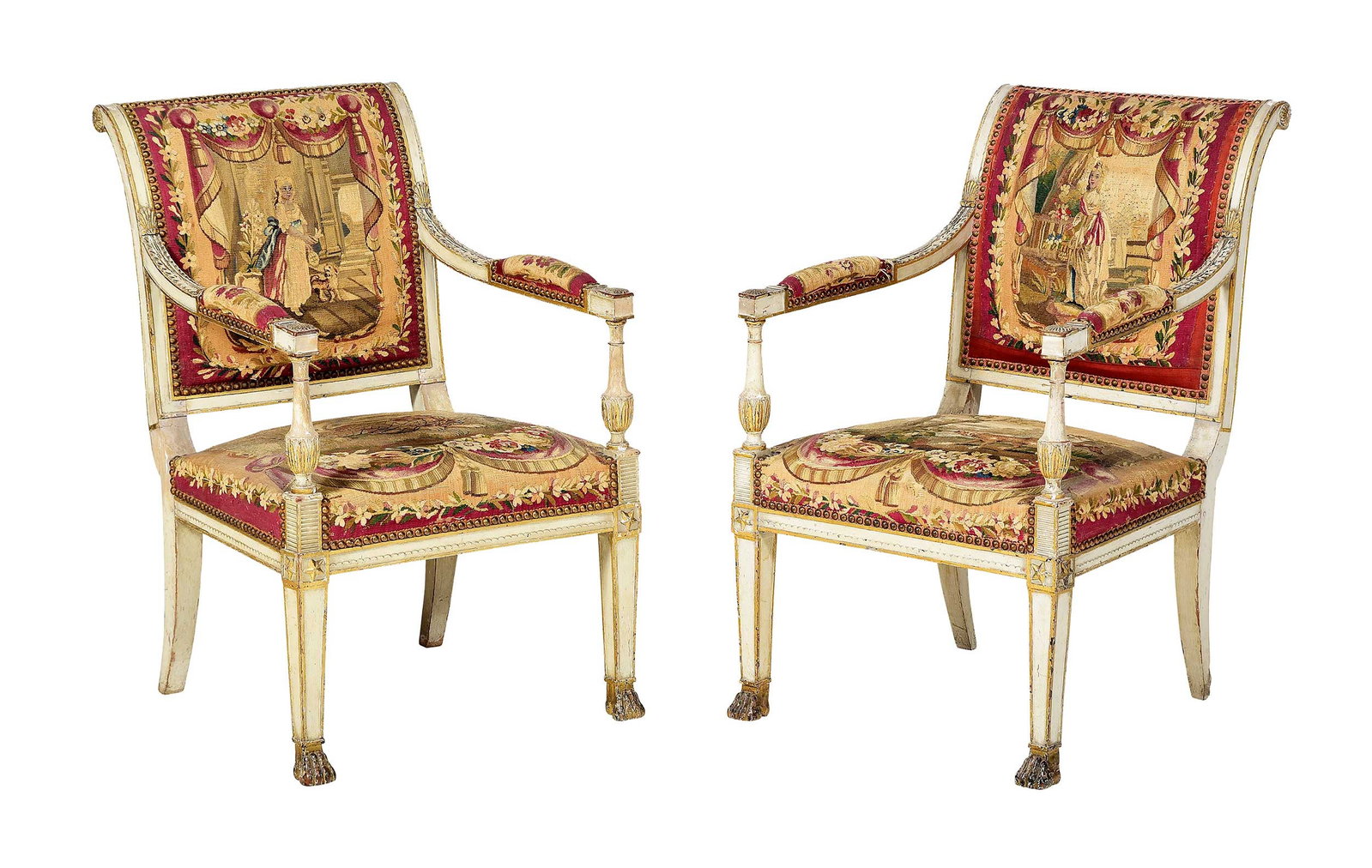 Pair of Louis XVI Style Carved and Painted Fauteuils with Fine Needlepoint Upholstery: French, late 19th century, white painted parcel gilt frames, fine needlepoint upholstery with dog, lion, floral motifs and standing female portraits, metal plaques to undersides read "CCE-BX / 72.0066