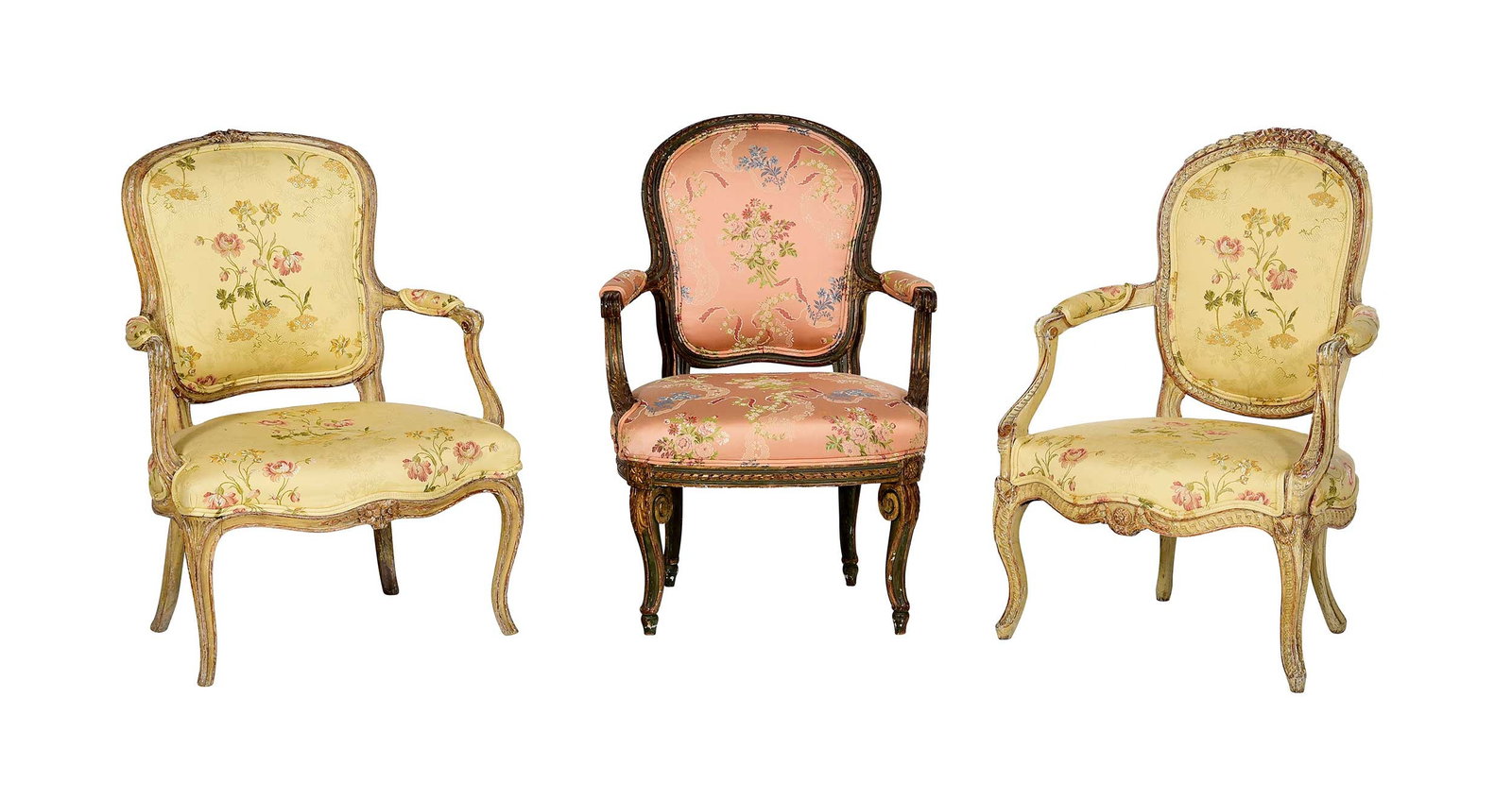 Three Louis XV Style Paint Decorated Fauteuils: comprising one 19th century example, yellow paint with traces of gilt, floral silk upholstery, 35-1/2 x 25-3/4 x 24 in., seat height 15 in.; one 20th century example, green and gilt paint, floral