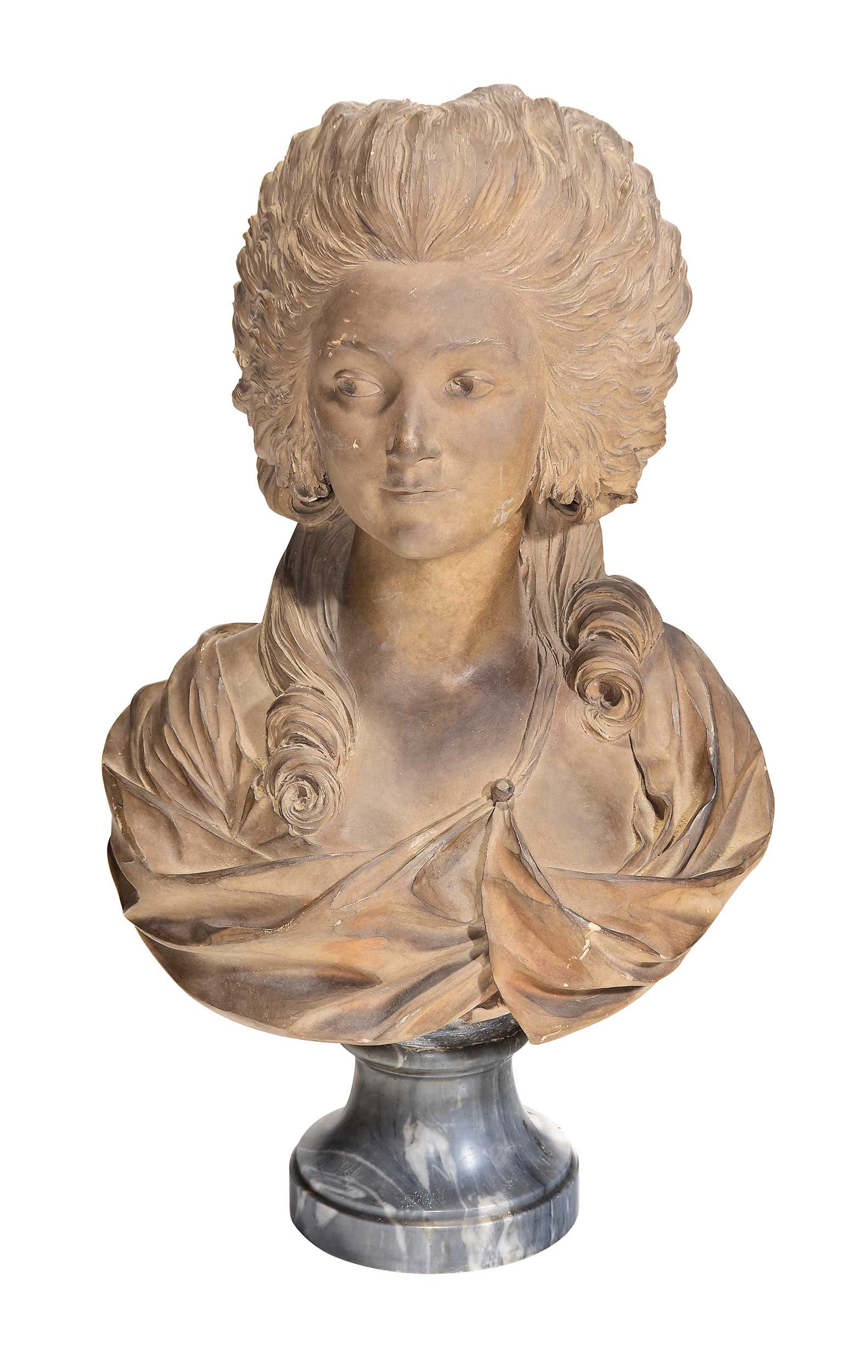 A French Portrait Bust After Augustin Pajou (1730-1809): (late 19th century) Princesse de Lamballe, terracotta on a marble base, overall 21-1/2 x 13 x 9 in. Provenance: The Collection of Joe Matthews and John Shank, Shepherdstown, West Virginia