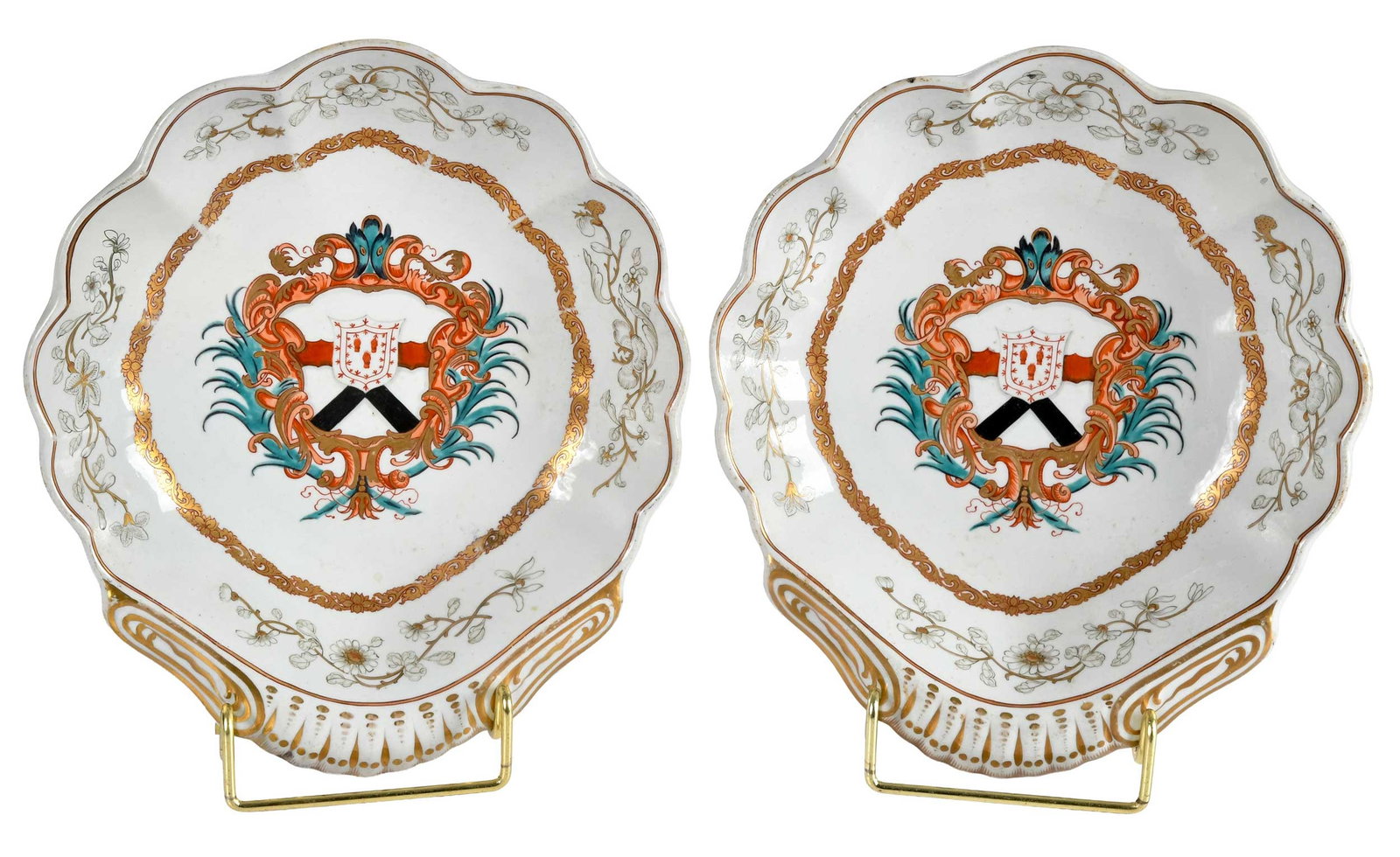 Pair of Spode Armorial Porcelain Dishes, Freame with Osgood or Comyn in Pretense: 19th century, maker's mark to base, floral sprays and gilt scrolling centering arms of Freame with Comyn in pretense, 1-3/4 x 7-3/4 x 8-7/8 in. Provenance: The Collection of Joe Matthews and John