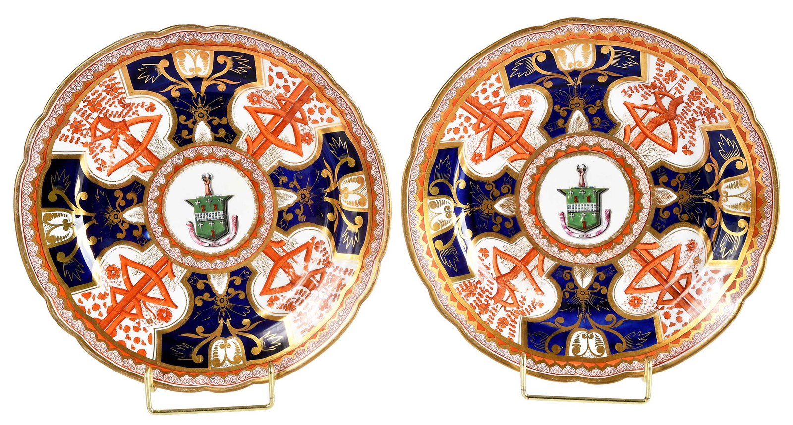 Pair of Spode Armorial Porcelain Plates, possibly Lees of Blackrock: early 19th century, "Dollar" or "Money" imari pattern centering coat of arms, 1-1/4 x 10 x 10 in. Provenance: The Collection of Joe Matthews and John Shank, Shepherdstown, West Virginia
