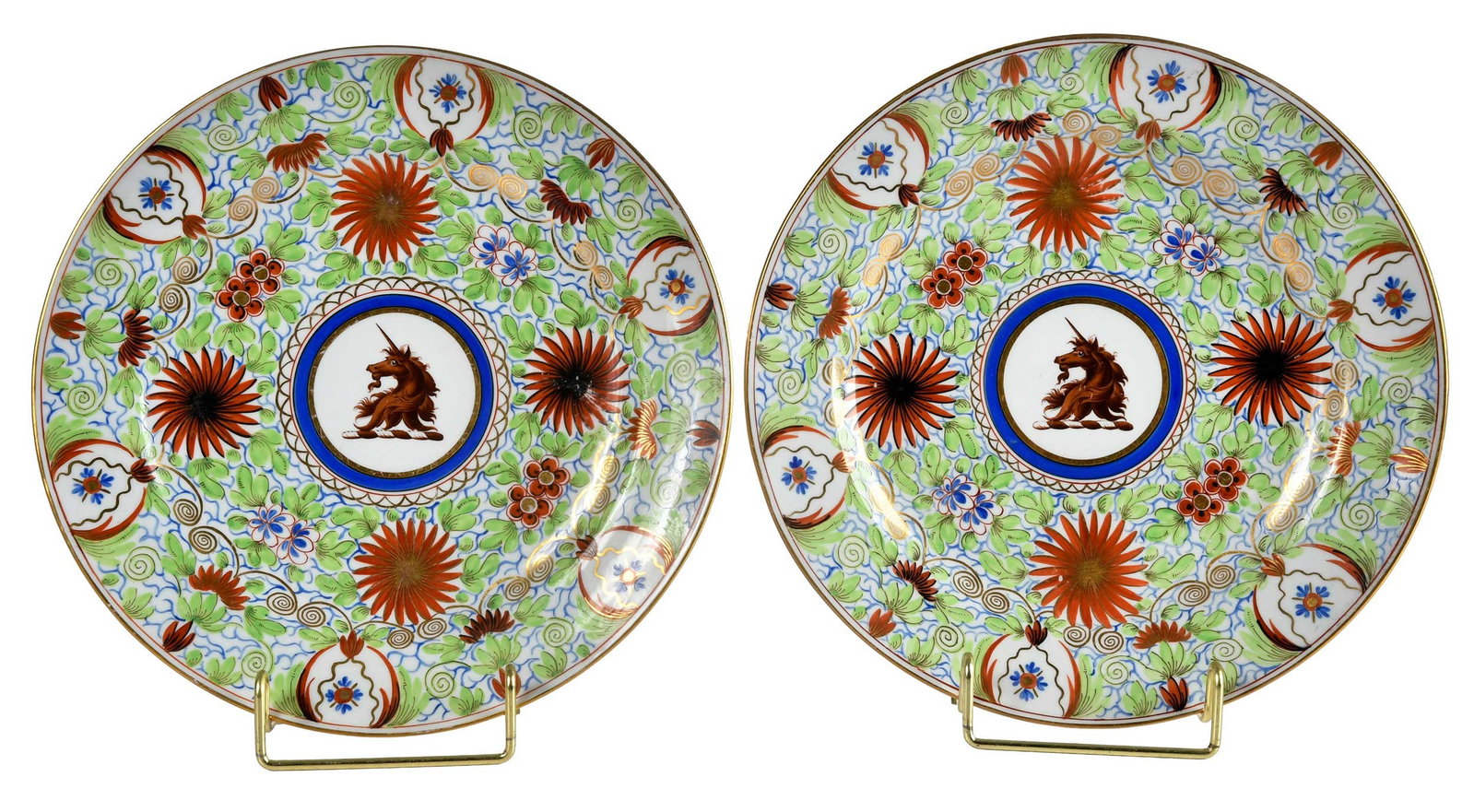 Pair of Chamberlain Worcester Unicorn Armorial Porcelain Plates: English, 19th century, centered with heraldic device of a unicorn surrounded by enamel pattern, 1-1/4 x 9-1/2 x 9-1/2 in. Provenance: The Collection of Joe Matthews and John Shank, Shepherdstown,