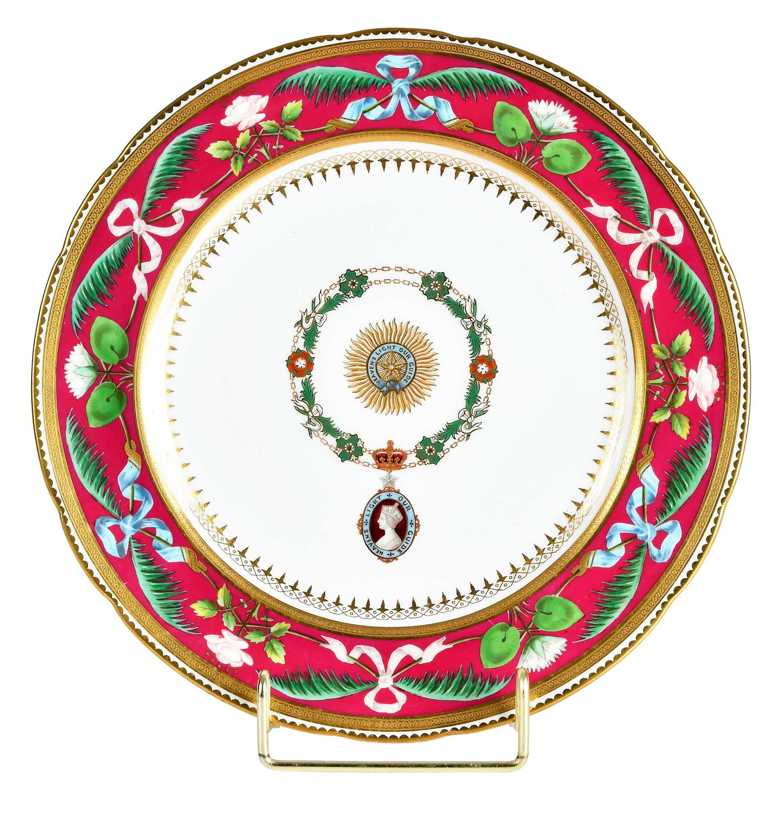 Minton Armorial Porcelain Plate, Insignia of the Order of the Star of India: English, mid 19th century, stamp for Minton to underside of base, centering insignia of the Order of the Star of India, 7/8 x 9-1/4 x 9-1/4 in. Provenance: The Collection of Joe Matthews and John