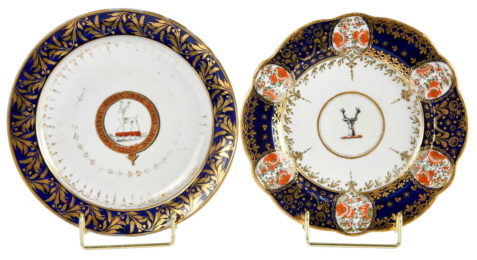 Two Chamberlain Worcester Armorial Porcelain Plates with Cobalt Blue Decoration: 19th century, maker's mark to base, comprising: circular rimmed example with scrolling and gilt spearhead centering on crest of Northcote with motto "Cristi Crux Est Mea Lux"; scalloped rim example