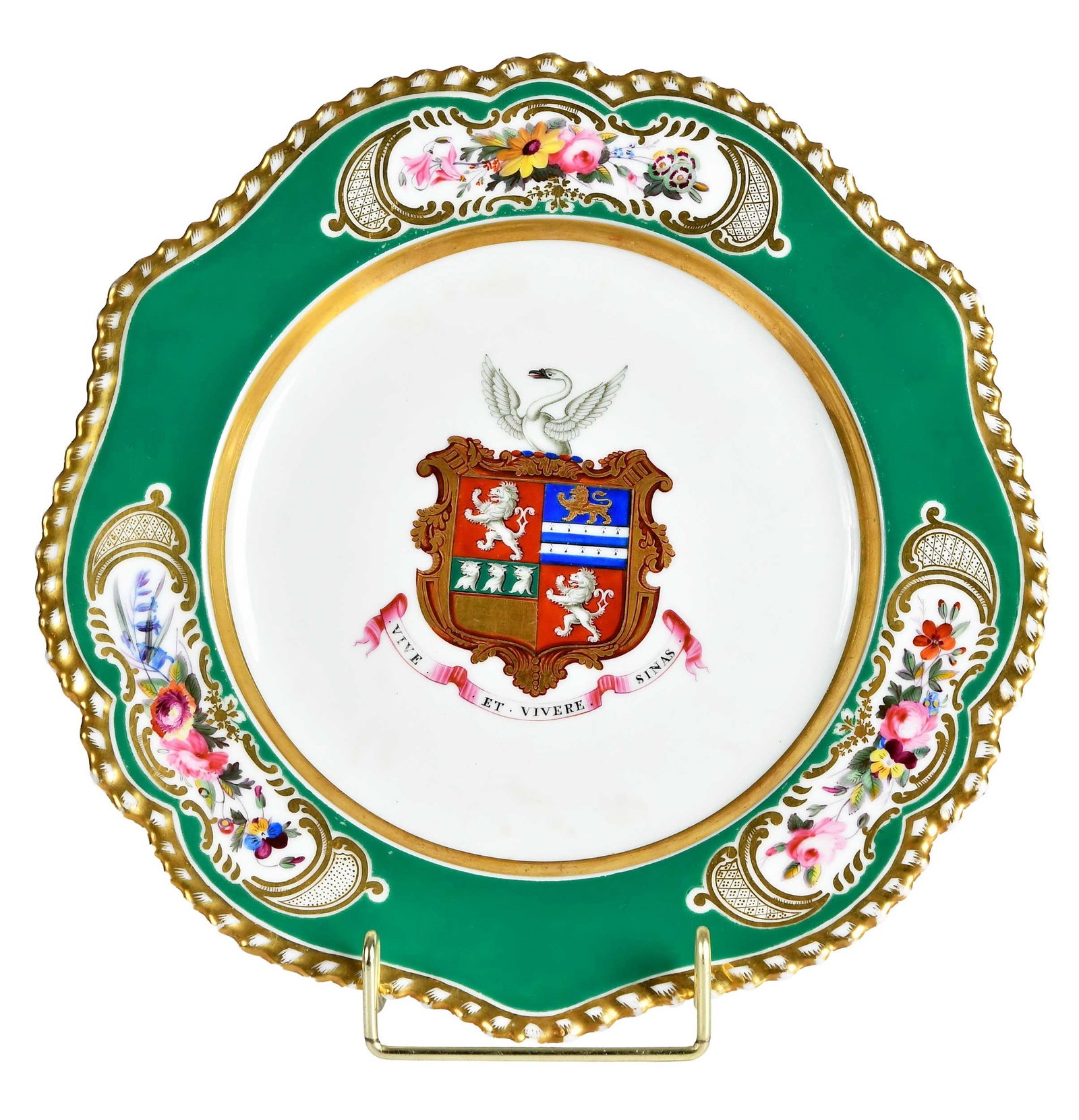 Chamberlain Worcester Armorial Porcelain Plate, Atwood: English, circa 1830, underglaze iron red mark for Chamberlain Worcester to underside of base, centering coat of arms of Attwood, 1-1/8 x 10-1/4 x 10-1/4 in. Provenance: The Collection of Joe Matthews