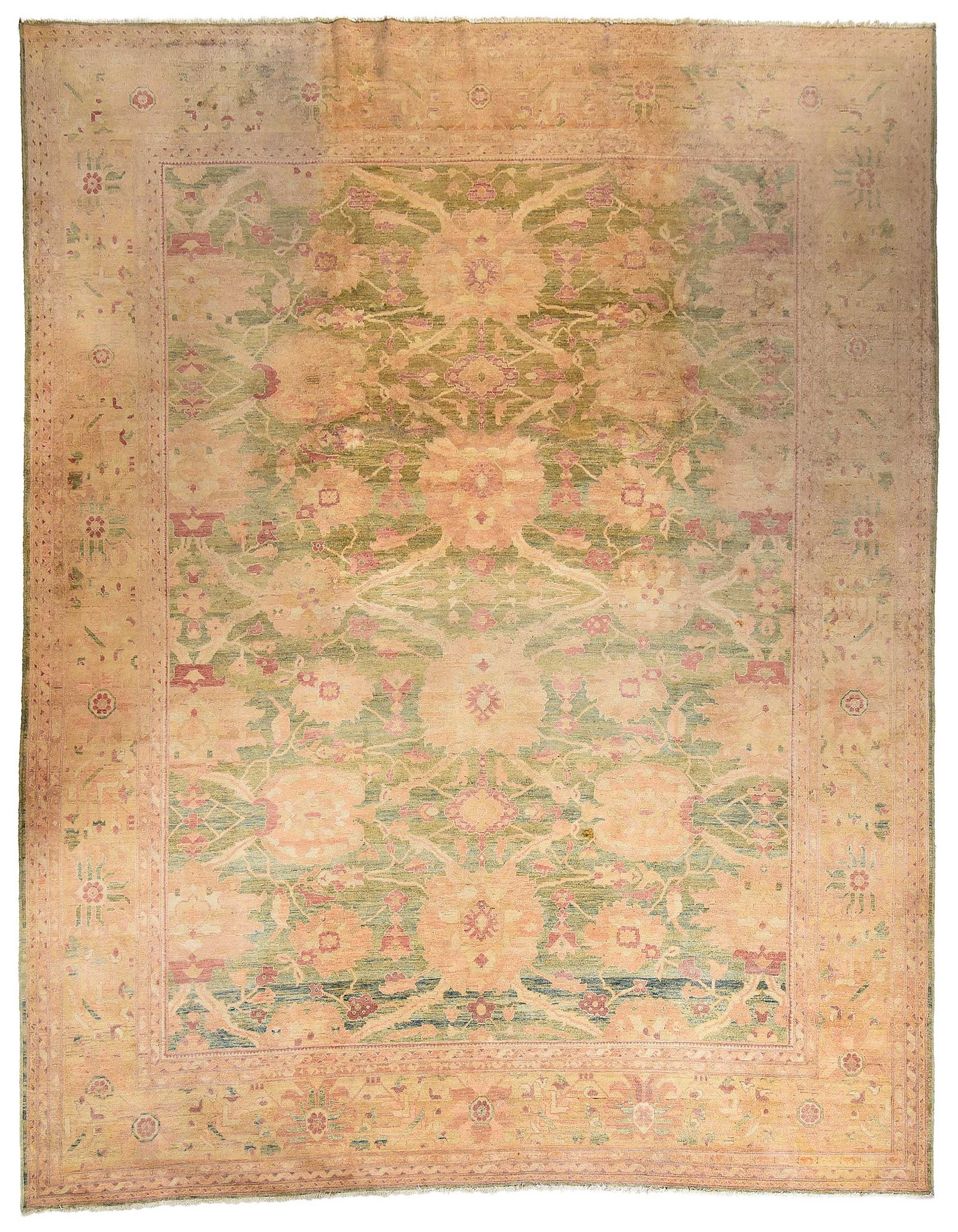 Turkish Carpet: 20th century, green field with oversized floral decoration, floral tan border, 14 ft. 5 in. x 12 ft. 2 in Provenance: The Collection of Joe Matthews and John Shank, Shepherdstown, West Virginia