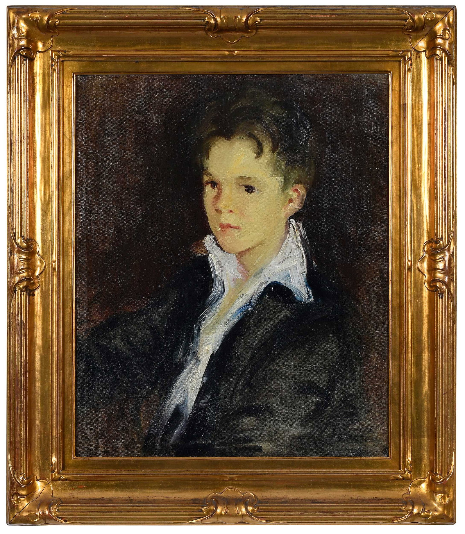 Camelia Whitehurst: (American, 1871-1936) Portrait of a Young Boy, unsigned, oil on canvas, 22-1/4 x 18-1/4 in.; fine period gilt wood and composition frame, 28-7/8 x 24-7/8 x 2-5/8 in. Provenance: Greg & Vicki Sullivan 