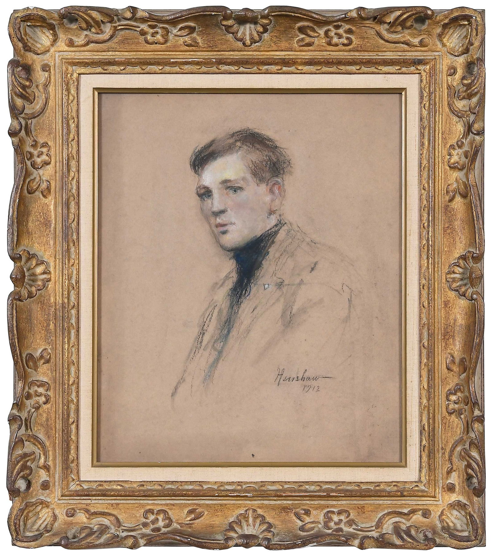 Glenn Cooper Henshaw: (American, 1885-1946) Portrait of a Gentleman, 1912, signed and dated lower right "Henshaw 1912," pastel and charcoal on tan paper, sight, 17-5/8 x 14-1/2 in.; ornate carved gilt wood frame, 25-5/8 x 