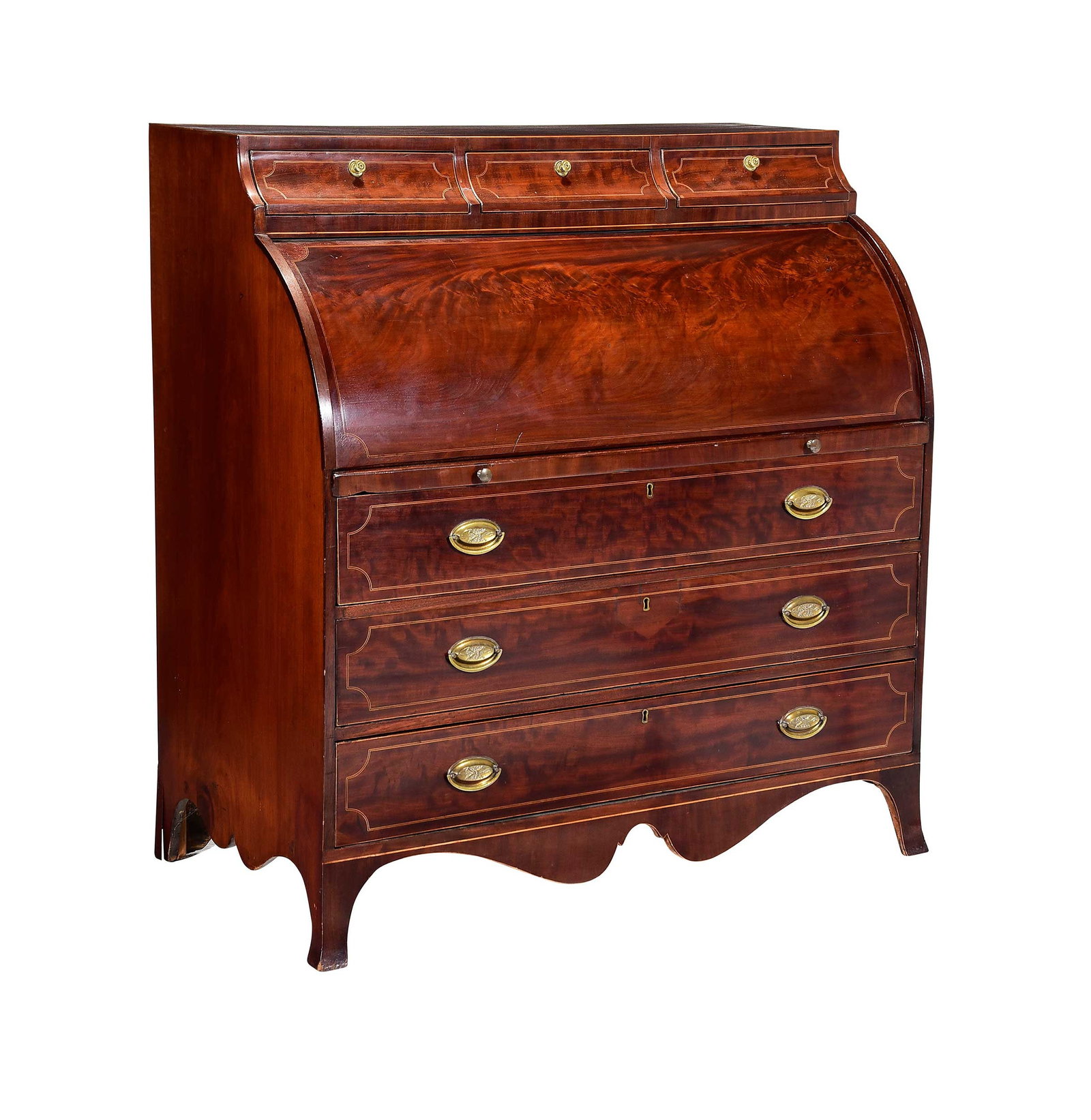 American Federal Inlaid and Figured Mahogany Cylinder Desk: Middle Atlantic states, probably Baltimore, early 19th century, highly figured string inlaid mahogany veneers, three drawers over the cylinder desk with finely fitted interior and false drawer, three 