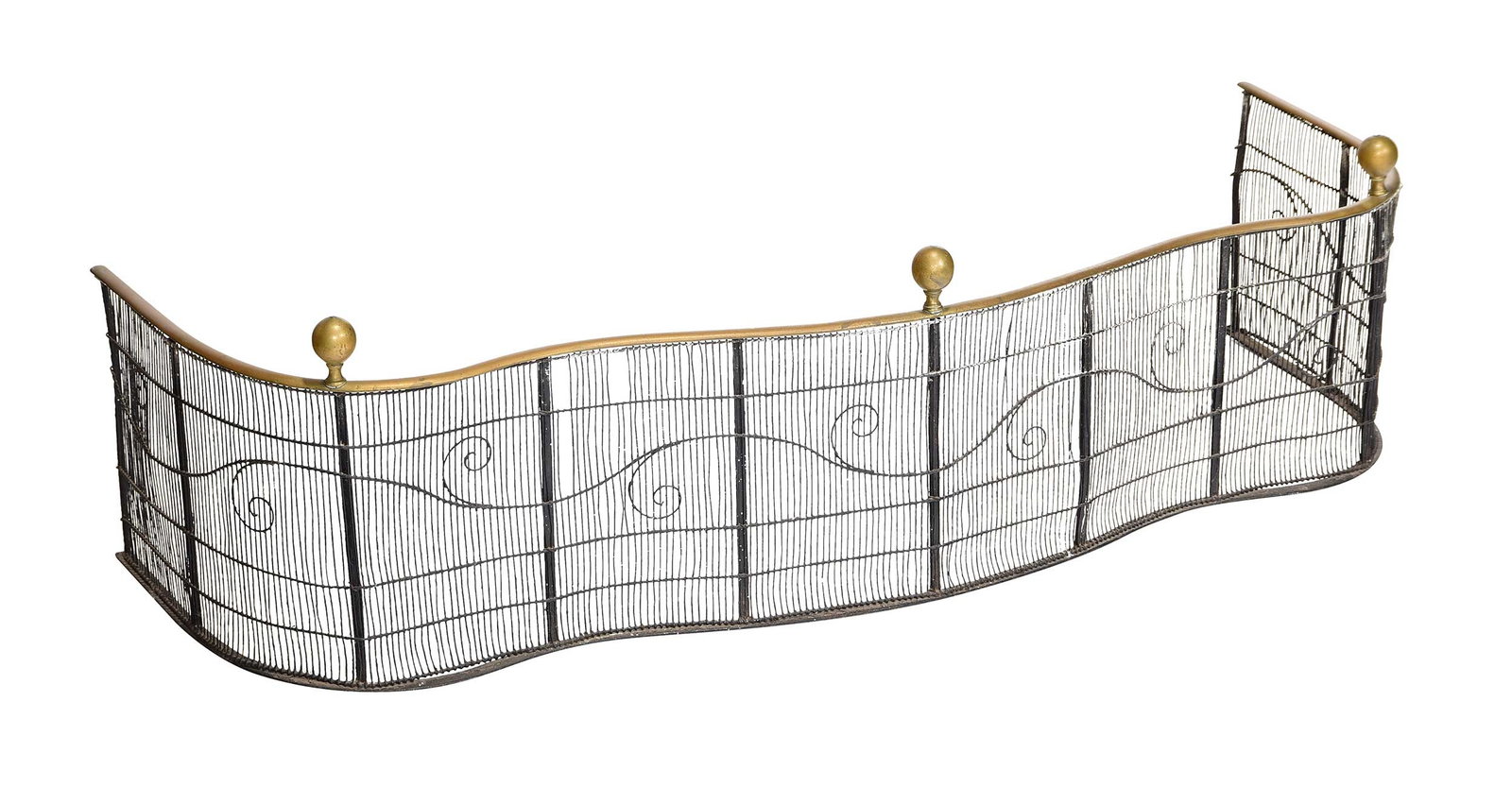 Federal Brass and Iron Wirework Serpentine Fireplace Fender: probably American, 19th century, scrolled wirework, ball finials, 14-1/4 x 52-3/4 x 15-1/2 in. Provenance: The Collection of Joe Matthews and John Shank, Shepherdstown, West Virginia