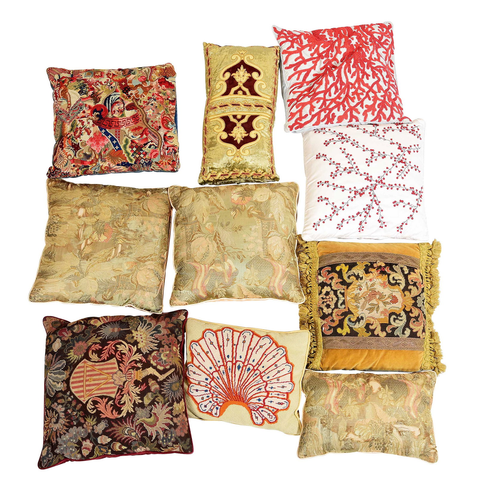 Group of Ten Assorted Silk and Needlepoint Decorative Pillows (1 of 7)