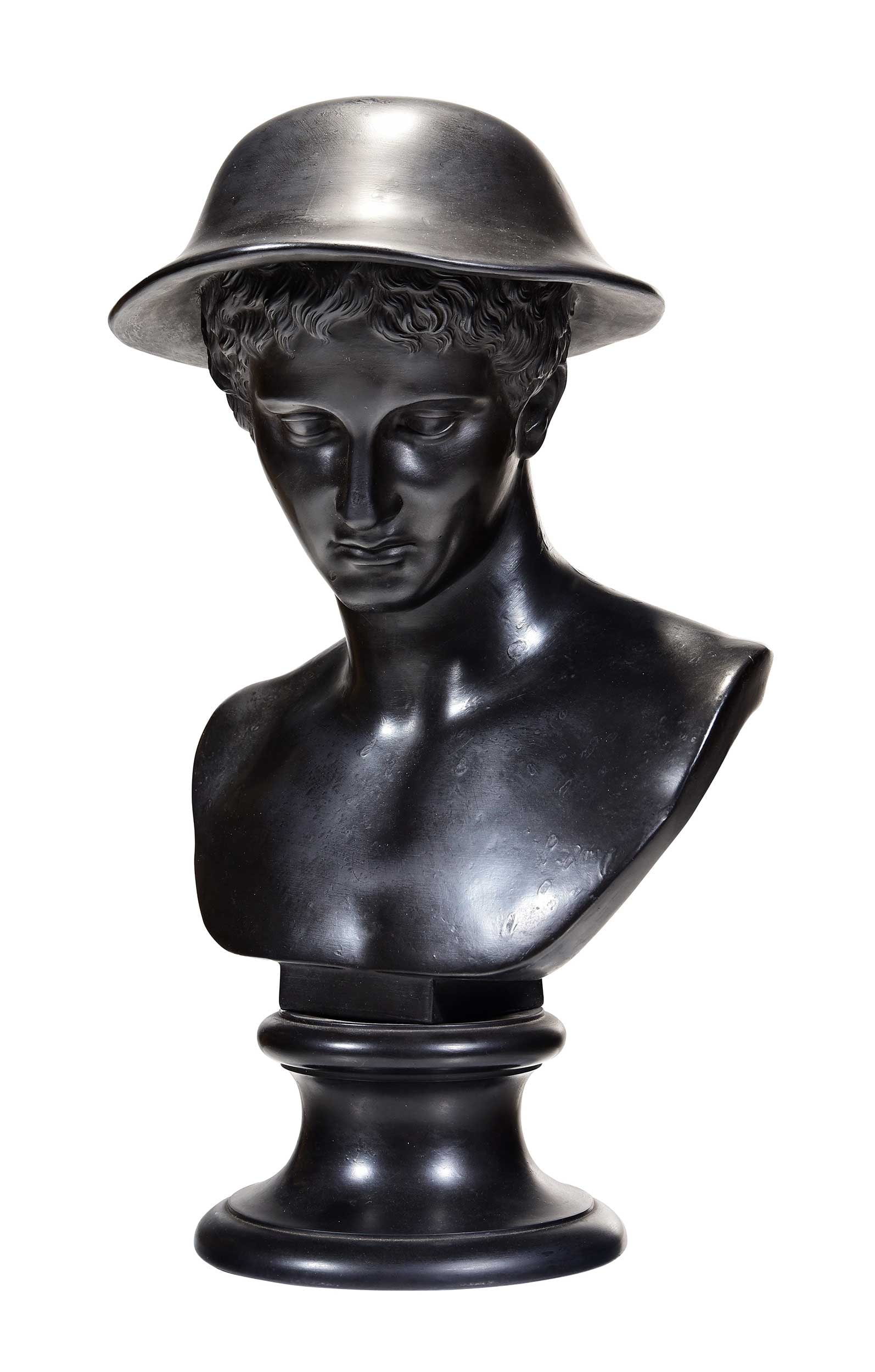 Wedgwood Black Basalt Bust of Hermes or Mercury: 19th century, marked to underside "F/XCB/Wedgwood", 18-1/2 x 11 x 10-1/2 in. Provenance: The Collection of Joe Matthews and John Shank, Shepherdstown, West Virginia
