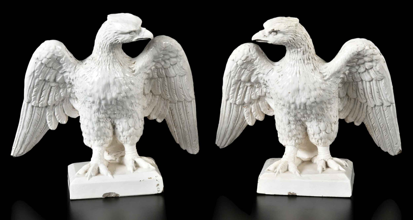 Pair of White Glazed Ceramic Eagles: possibly English, 19th century, each approx. 8-1/8 x 9-1/4 x 4-5/8 in. Provenance: The Collection of Joe Matthews and John Shank, Shepherdstown, West Virginia