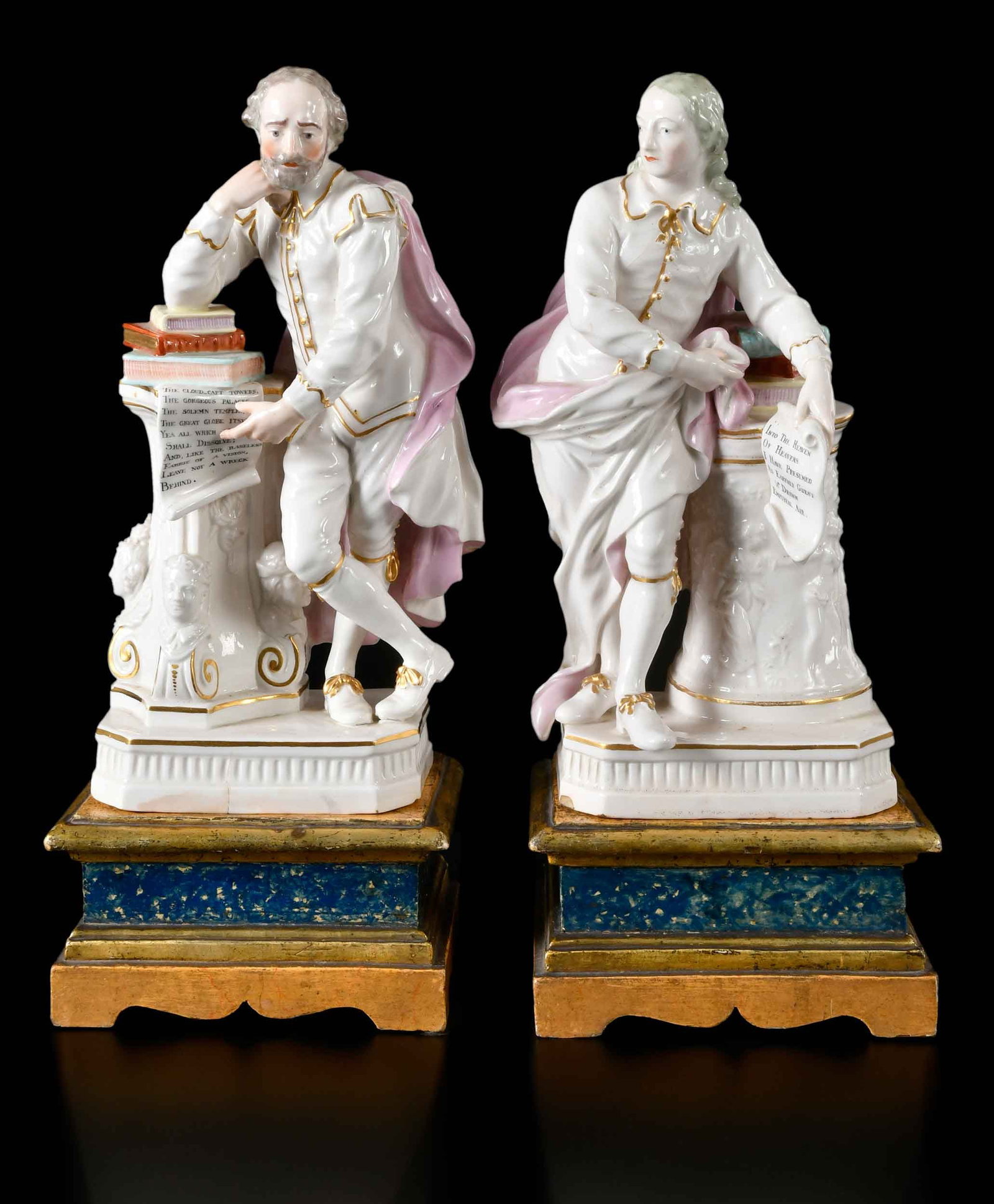 Set of Derby Porcelain Figures of William Shakespeare and John Milton: English, early 19th century, figures with respective scrolls featuring excerpts from the Tempest and Paradise Lost, each approx. 11-1/8 x 6 x 3-3/4 in.; with associated carved, painted, and gilt wood