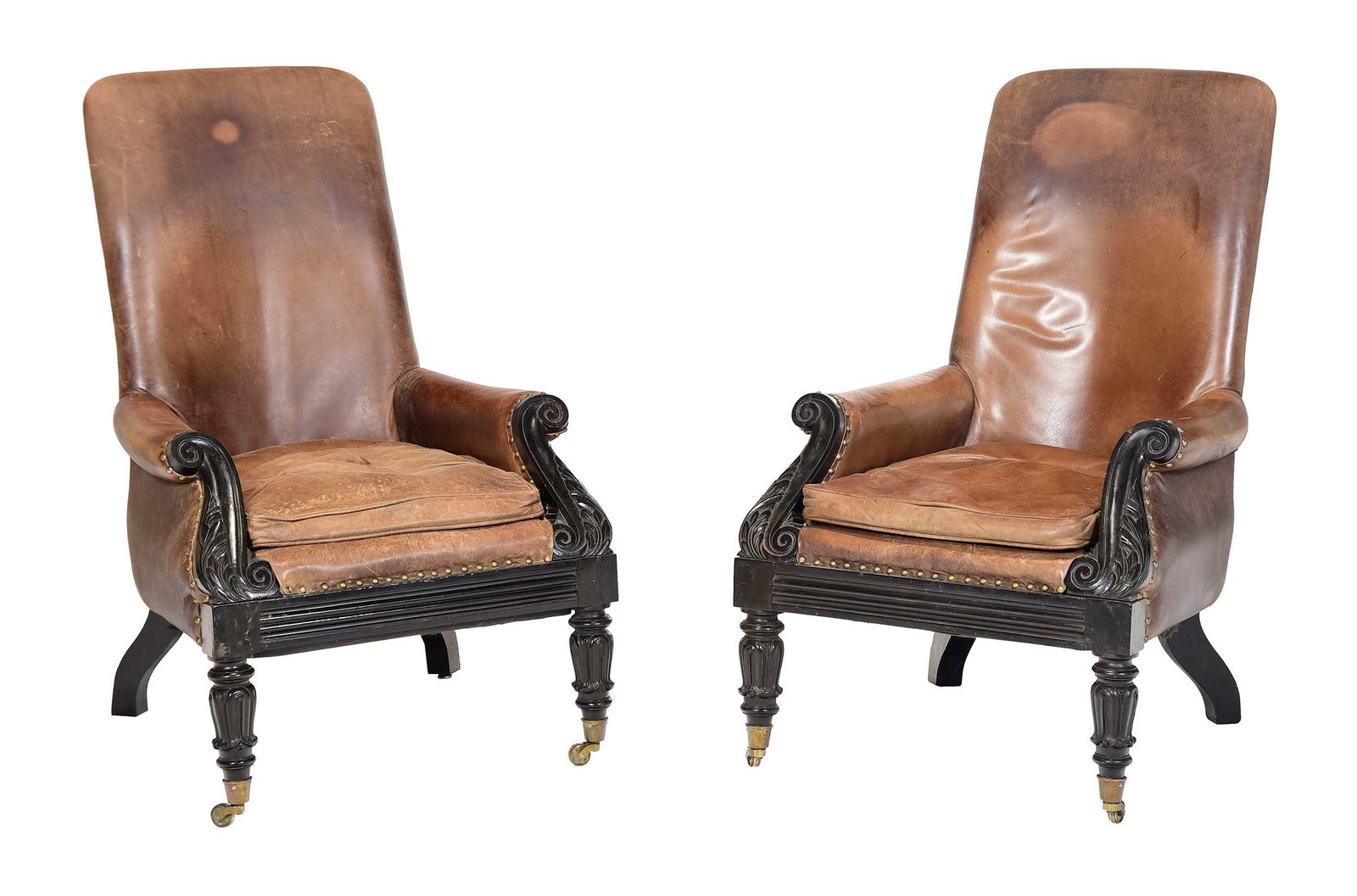 Pair of Empire Revival Carved and Ebonized Brown Leather High Back Library Chairs (1 of 10)