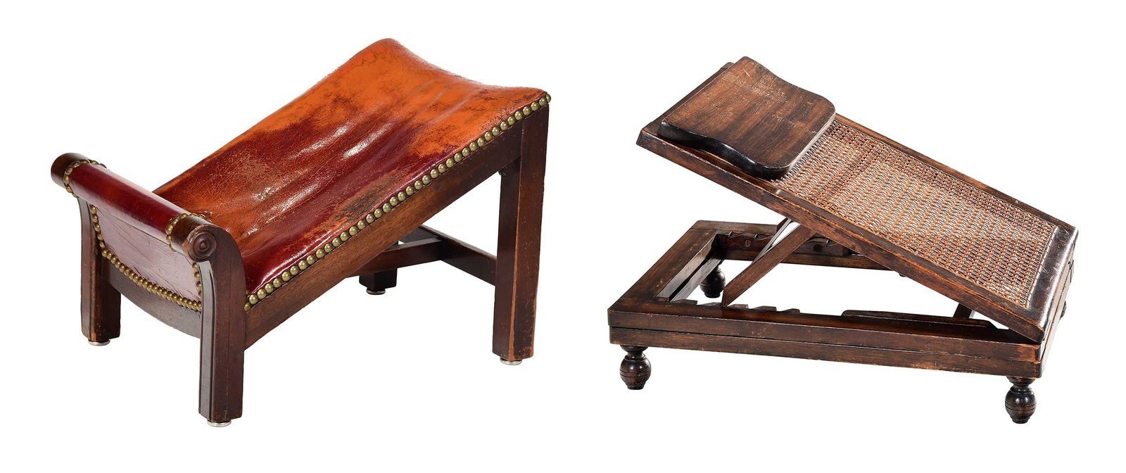 Two British 19th Century Gout Stools, Caned and Leather Examples: both British, 19th century, comprising: one example with probably original caned seat, hinged footrest, adjustable at two points, turned bun feet, 23 x 15-1/4 x 24-1/2 in. at highest configuration;