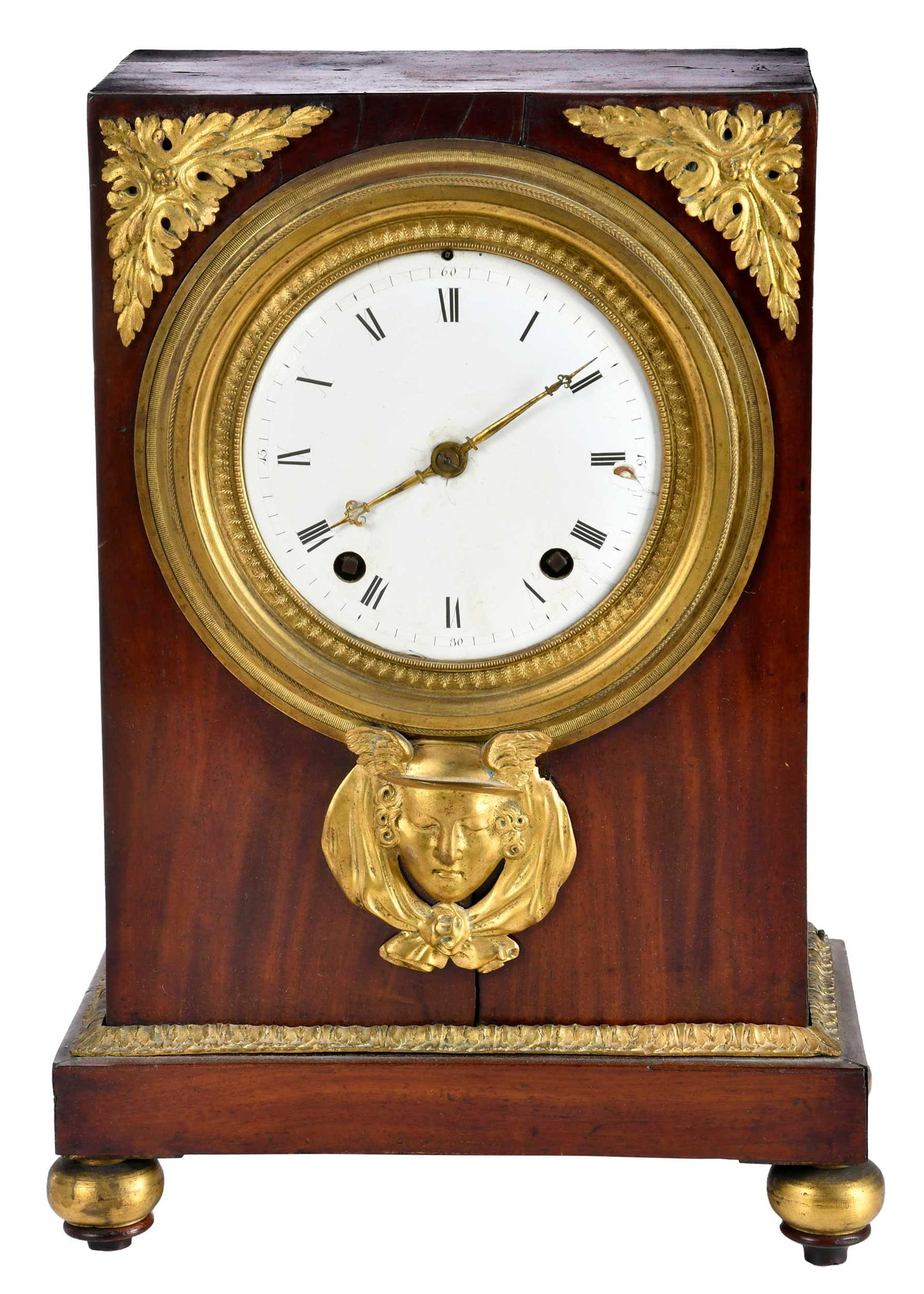 French Gilt Bronze Mounted Empire Religieuse Shelf Clock: 18th century, works incised "Claude Raillard Paris", enamel dial with Roman numerals set in wood case with gilt bronze mounts, with key and pendulum, 17-1/2 x 12 x 6 in. Provenance: The Collection of 
