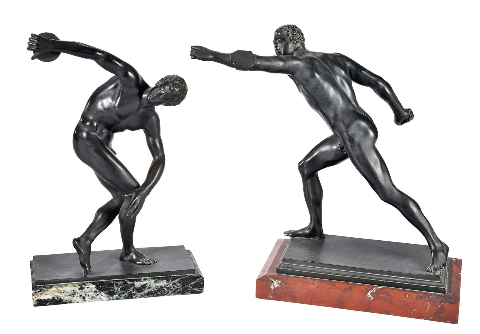 Two Grand Tour Bronzes, Gladenbeck Foundry: (German, 19th/20th century) Male figures, both with foundry stamp on bases "Aktien Ges: Gladenbeck Berlin": Discobolus, after the Greek antique by Myron, 460-450 BC, on black and green marble plinth,