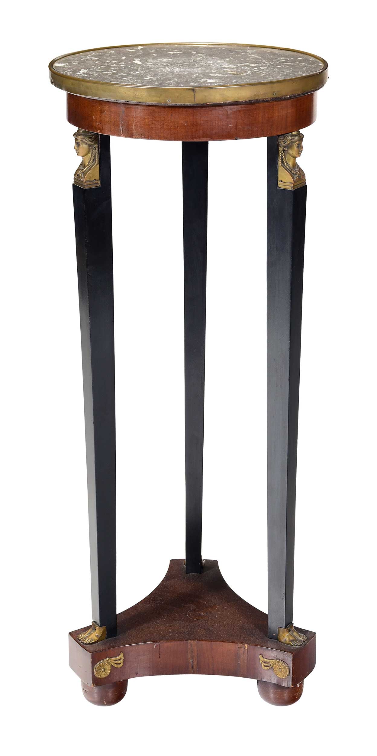 Empire Style Gilt Bronze Mounted Parcel Ebonized Mahogany and Marble Lamp Table: Continental, first half 20th century, gray marble top, three parcel ebonized and bronze herm supports, 39 x 16 x 16 in. Provenance: The Collection of Joe Matthews and John Shank, Shepherdstown, West V