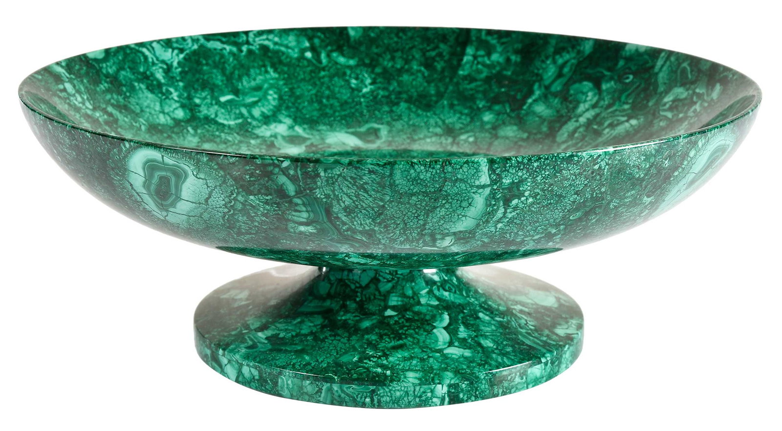 Large Malachite Tazza: Russian or Continental, 20th century, malachite accretion or mosaic with botryoidal specimens, 4-1/2 x 11-1/2 x 11-1/2 in. Provenance: The Collection of Joe Matthews and John Shank, Shepherdstown, Wes