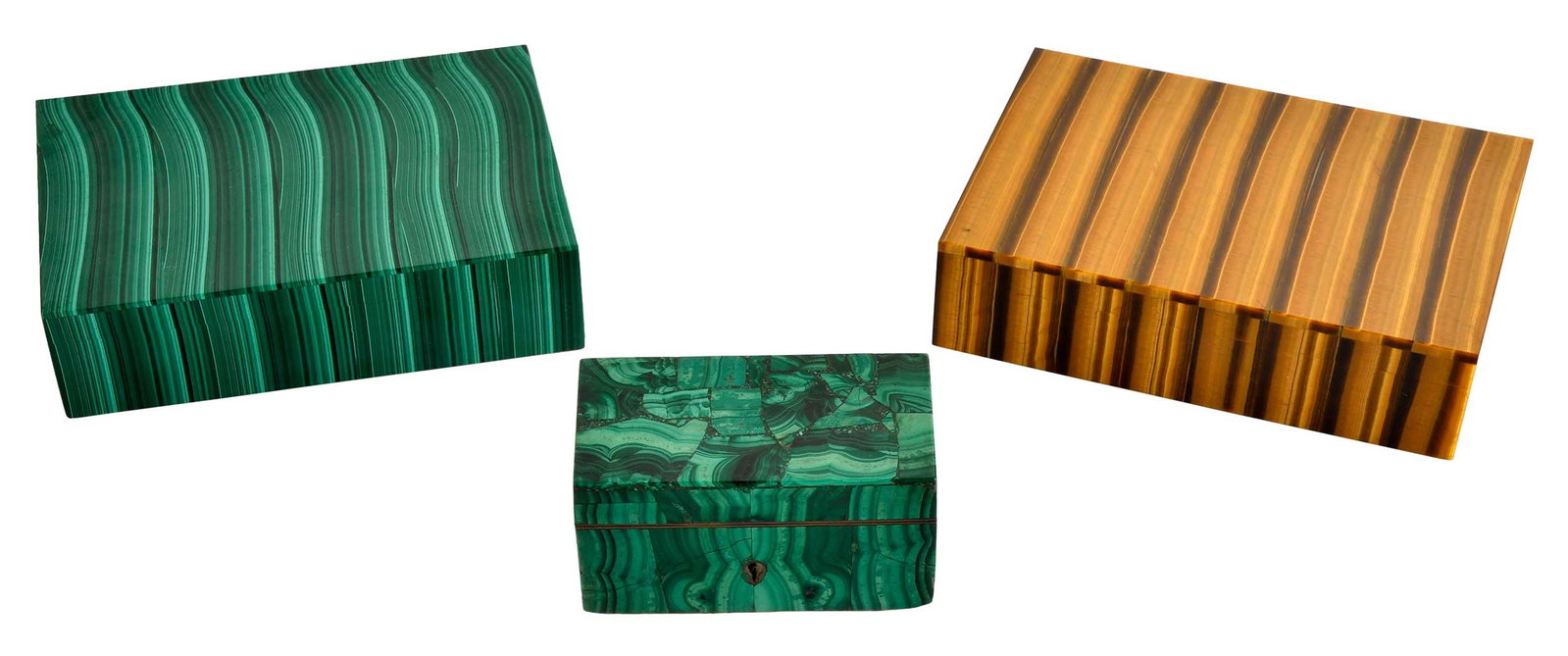Three Desk or Dresser Boxes, Malachite and Tiger's Eye: probably Continental or Russian, 20th century, comprising finely banded malachite clad example with black velvet lining, 1-5/8 x 6 x 4-1/4 in.; smaller malachite mosaic clad example with bookmatched s